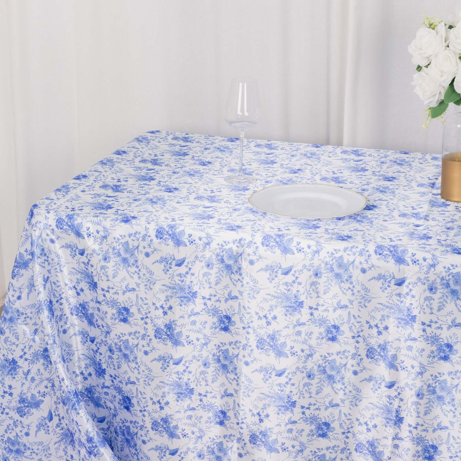 Exclusive Satin 90x132 Rectangular Tablecloth - White/Blue French Toile Design, Wrinkle-Resistant