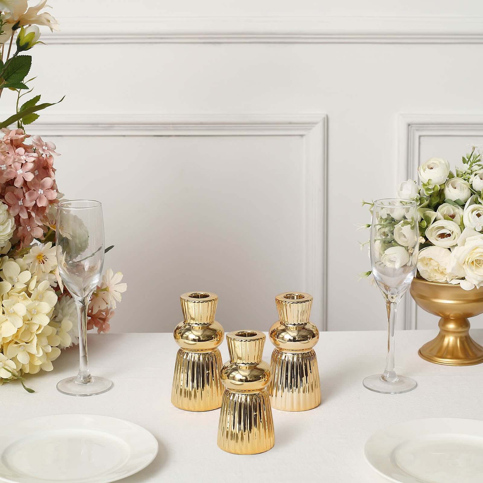 Set of 3 Metallic Gold Ceramic Taper Candle Holders with Fluted Ball Neck Design