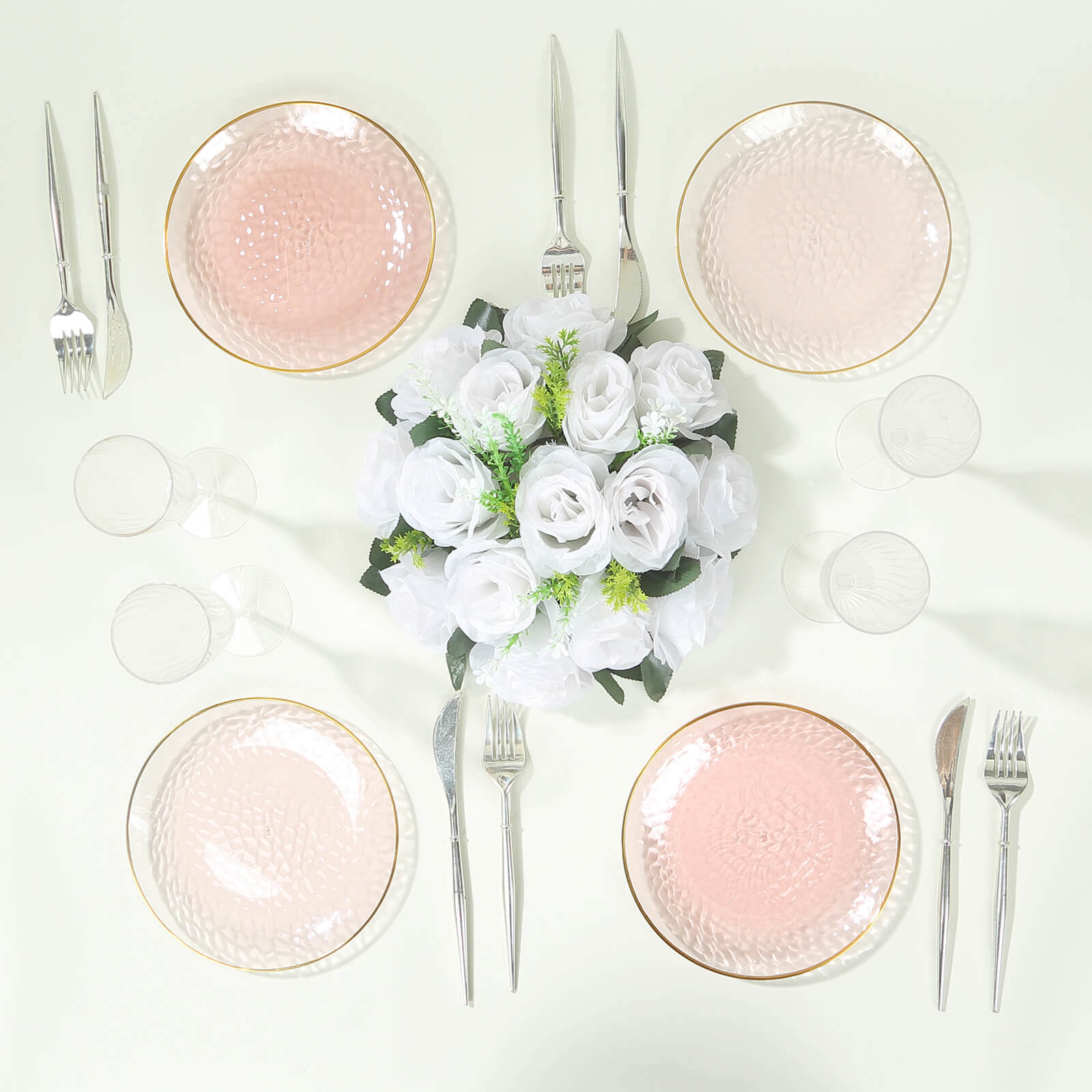 10-Pack Transparent Blush Hammered Plastic Round Dessert Plates with Gold Rim - Disposable & Modern