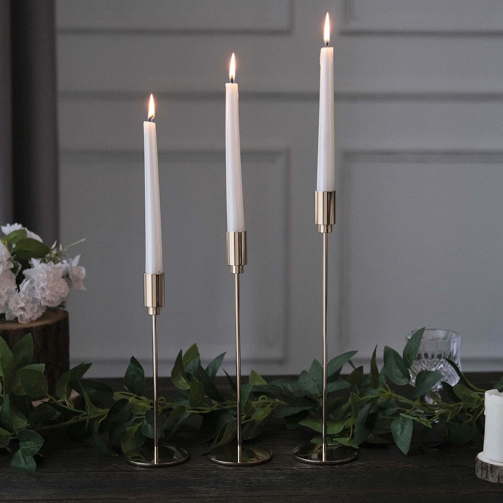 Gold Metal Set of 3 Taper Candle Stands with Round Base - Ideal for Weddings