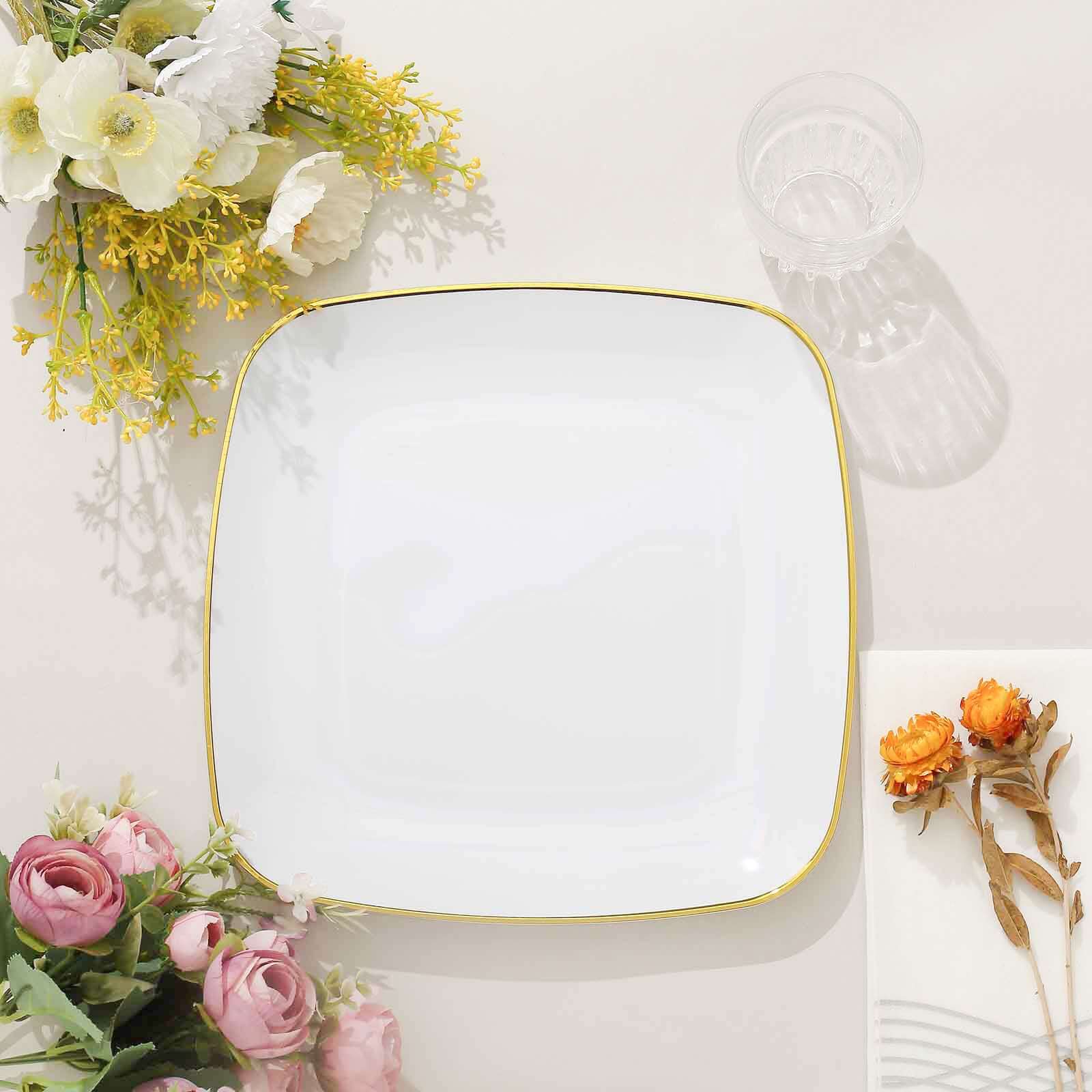 10-Pack White Plastic Dinner Plates with Gold Rim - Disposable for Weddings and Special Events