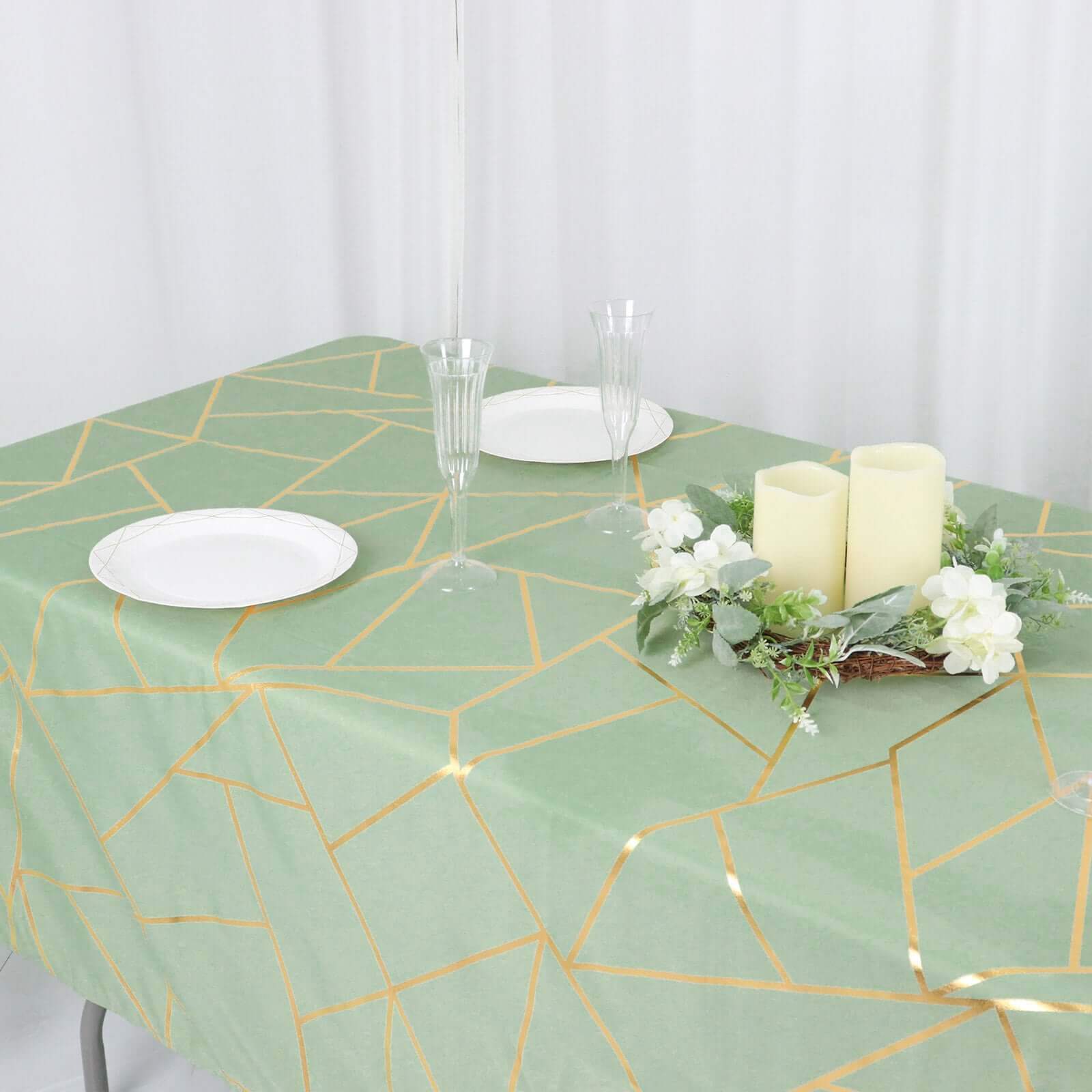 Hot Sale! Wrinkle-Resistant & Durable Polyester Rectangle Tablecloth in Sage Green with Gold Foil Geometric Design (60x102)