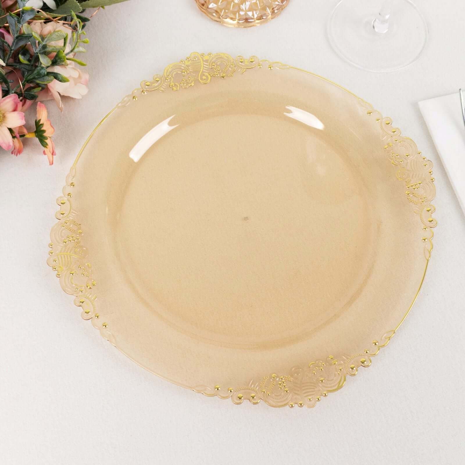 10-Pack Disposable Plastic Round Dinner Plates in Transparent Amber Gold with Gold Leaf Rim