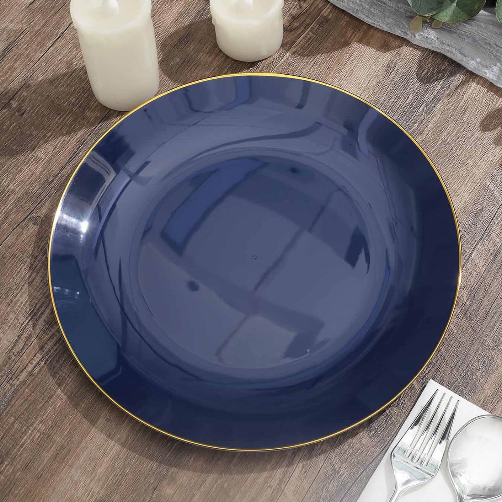 10-Pack Navy Blue Plastic Round Dinner Plates with Gold Rim - Disposable for Party