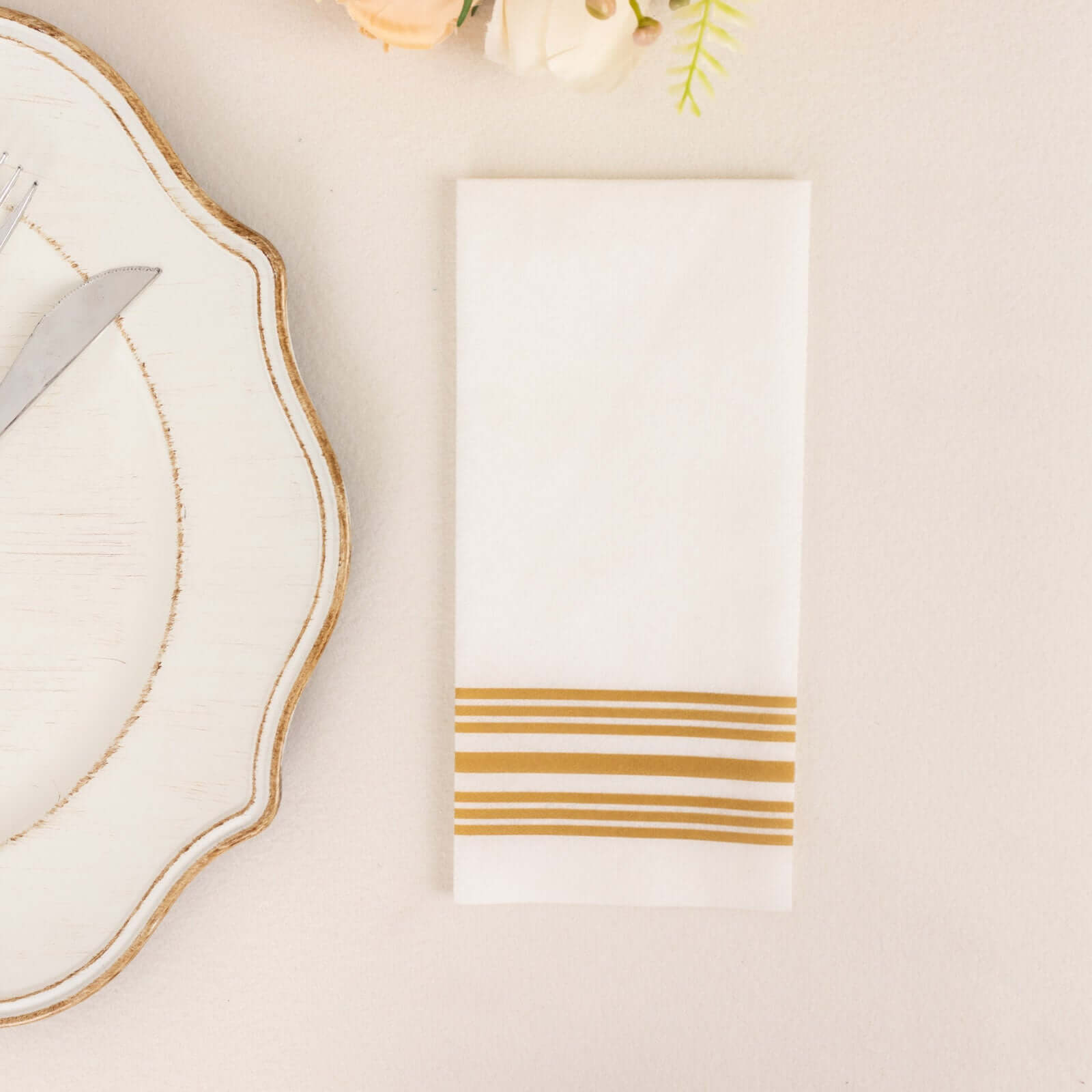 Hot Deal! 20-Pack White Linen-Like Airlaid Napkins with Gold Lines