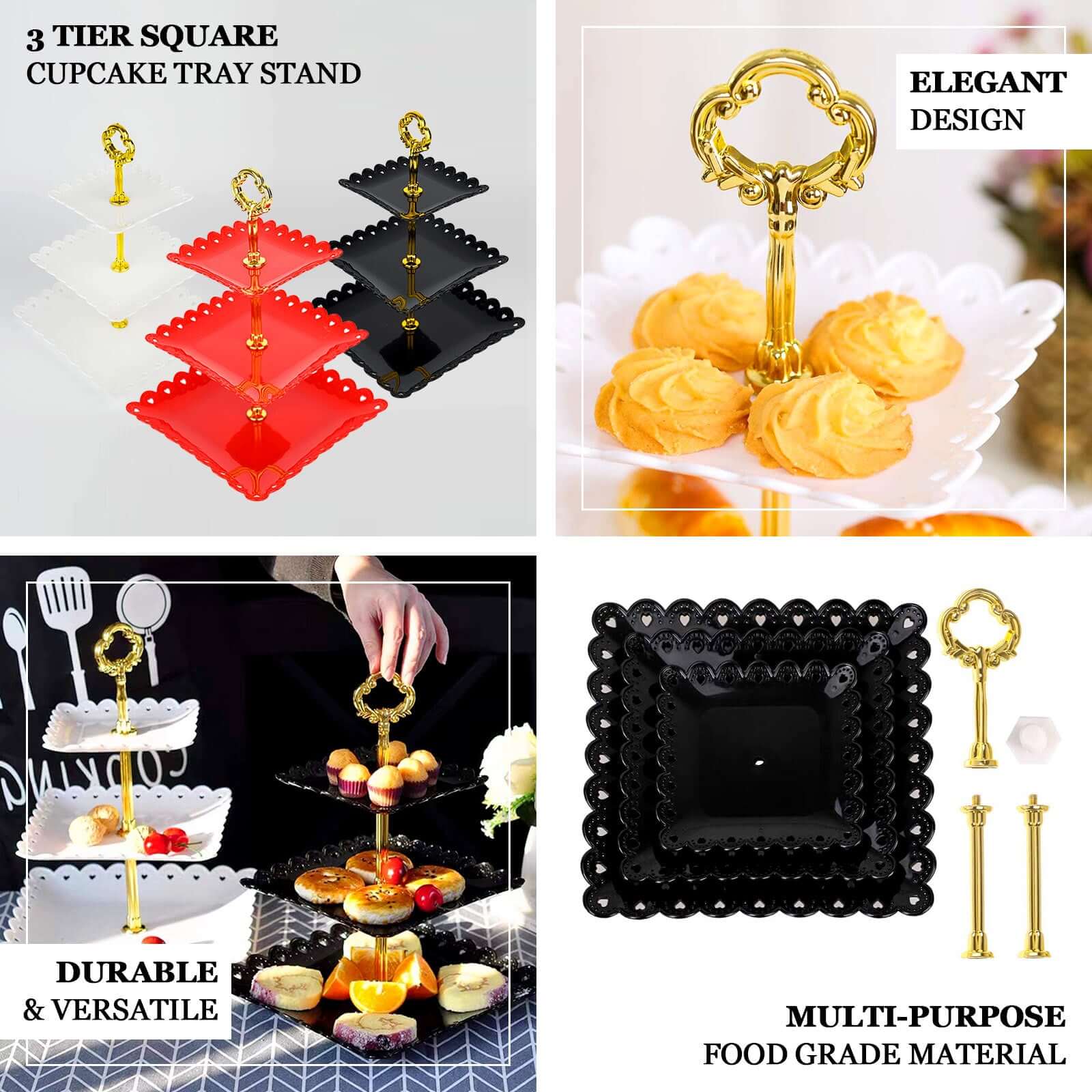 Black 3-Tier Plastic Square Cupcake Stand Tower - Ideal for Tea Parties, Weddings & Special Occasions