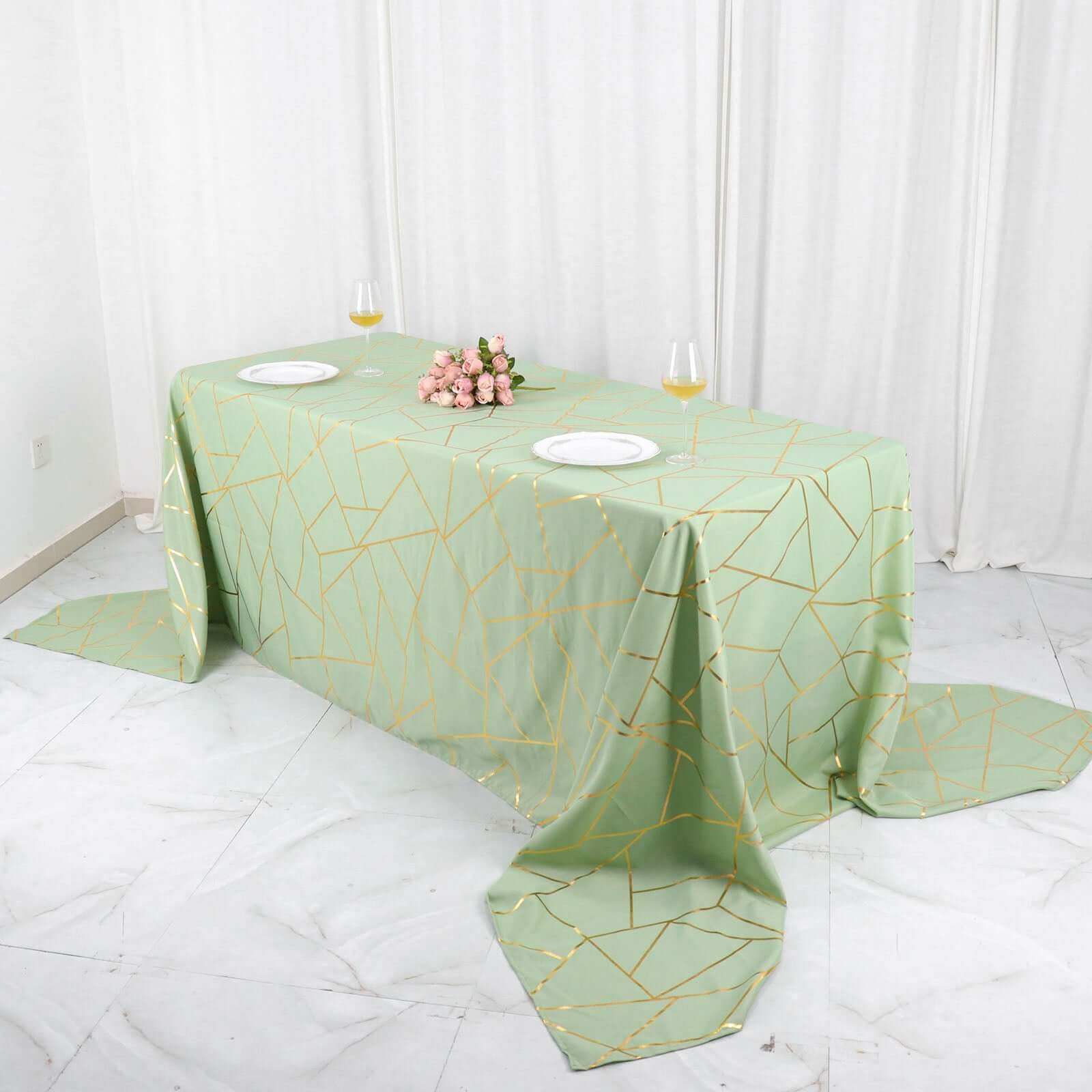Hot Sale! Wrinkle-Resistant Polyester Rectangle Tablecloth in Sage Green with Gold Foil Geometric Pattern for Elegant Events