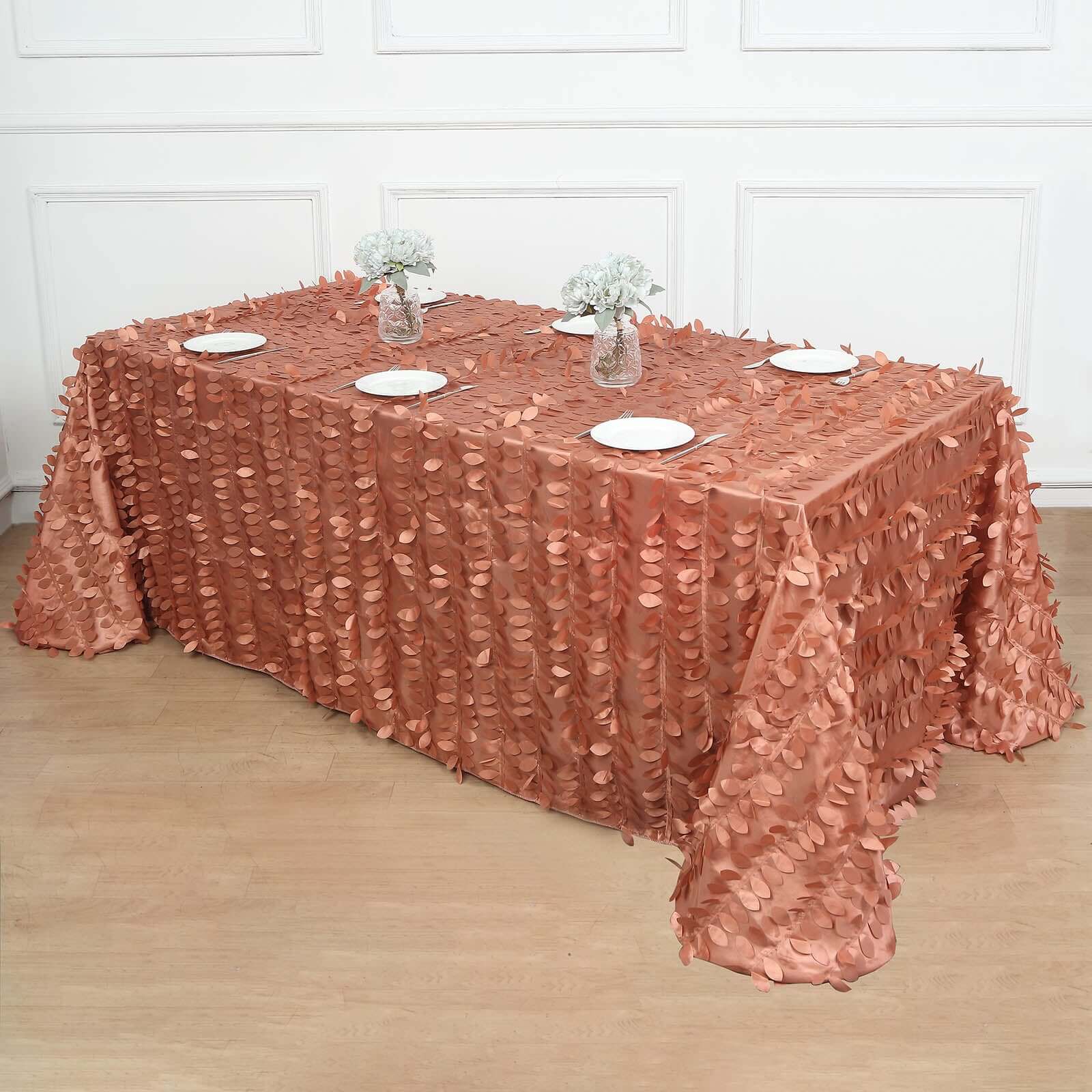 Exclusive Terracotta (Rust) Taffeta Rectangle Tablecloth with 3D Leaf Petal Design