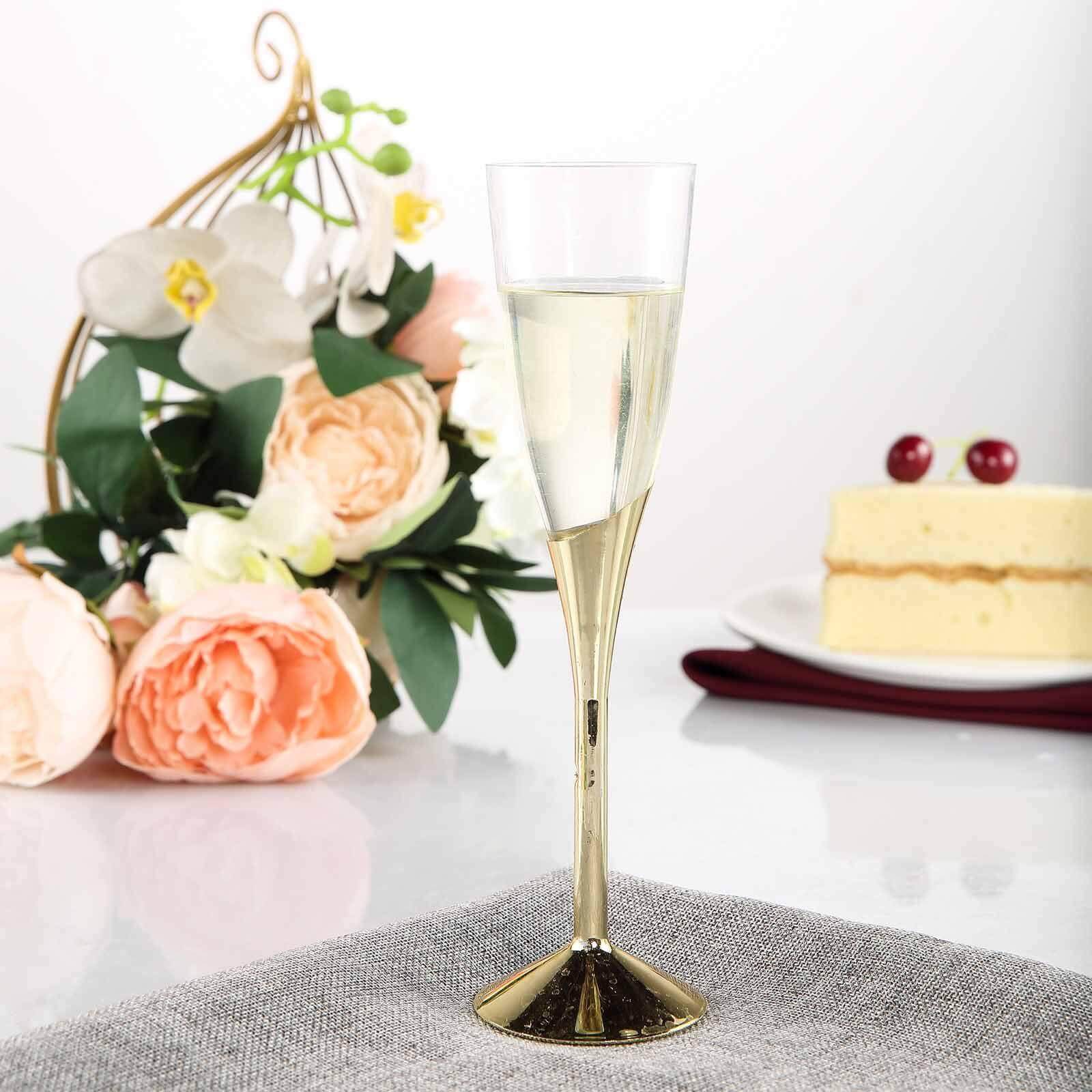 Amazing 6-Pack Disposable Plastic Champagne Flutes, 5oz Clear with Gold Base for Toasts