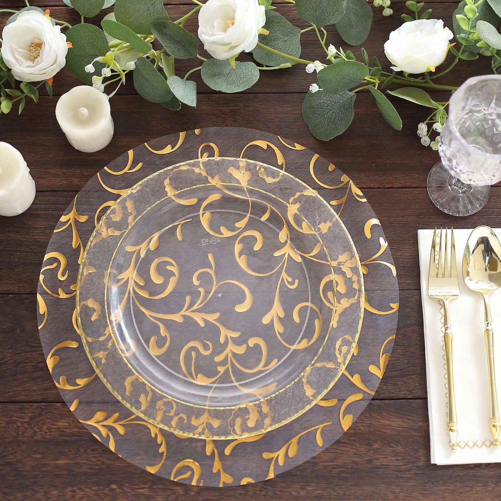 Hot Deal! 10-Pack Metallic Gold Round Organza Disposable Table Placemats with Embossed Foil Flower Design