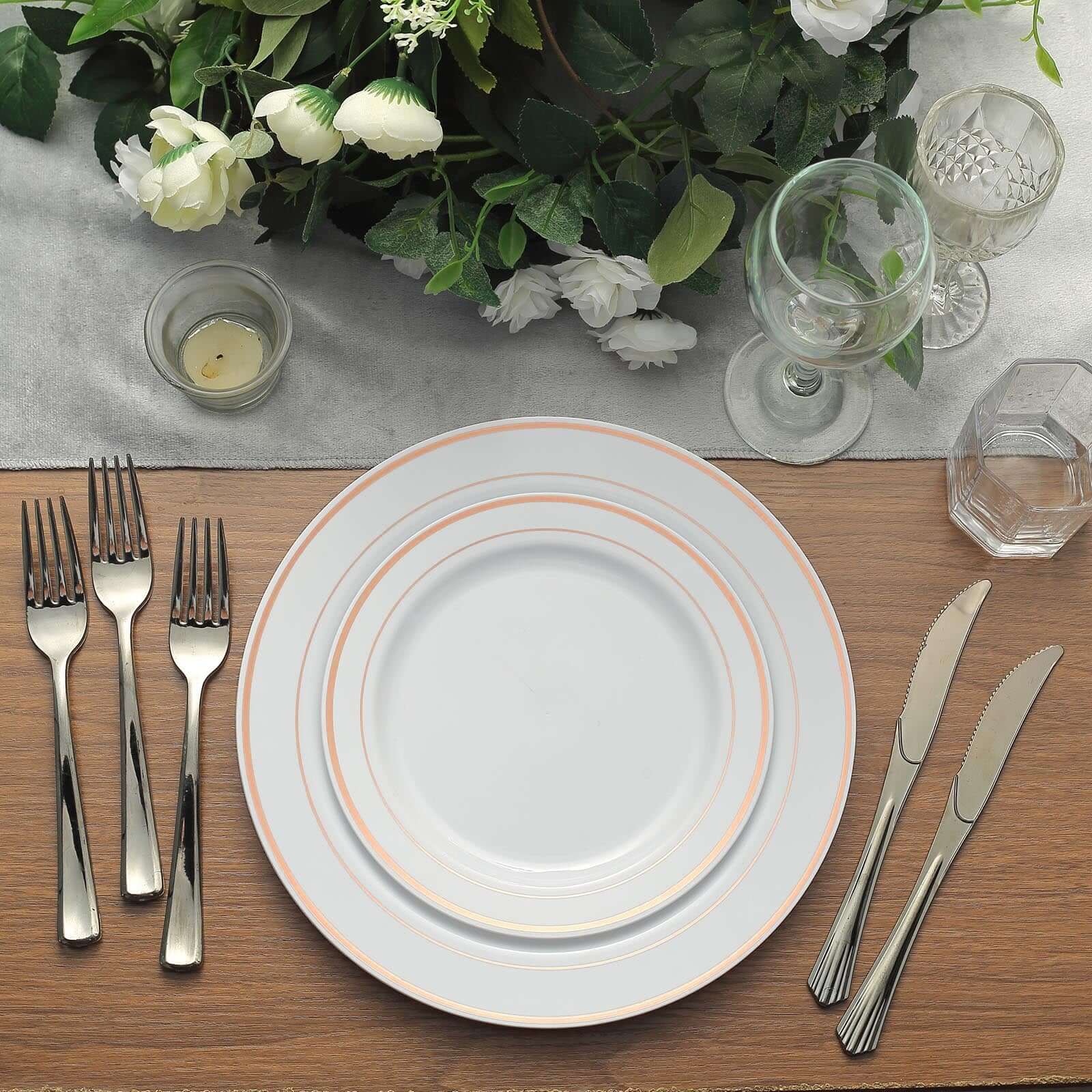 10-Piece Set of White Disposable Plastic Dessert Plates with Stylish Rose Gold Rim, 8 Inches
