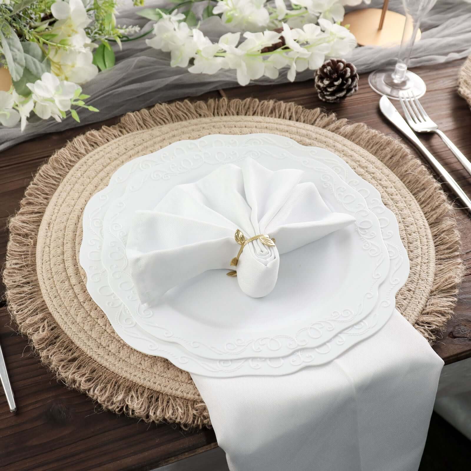 4-Pack Natural Rustic Burlap Jute Round Placemats with Fringed Edge - Farmhouse Style Table Decor