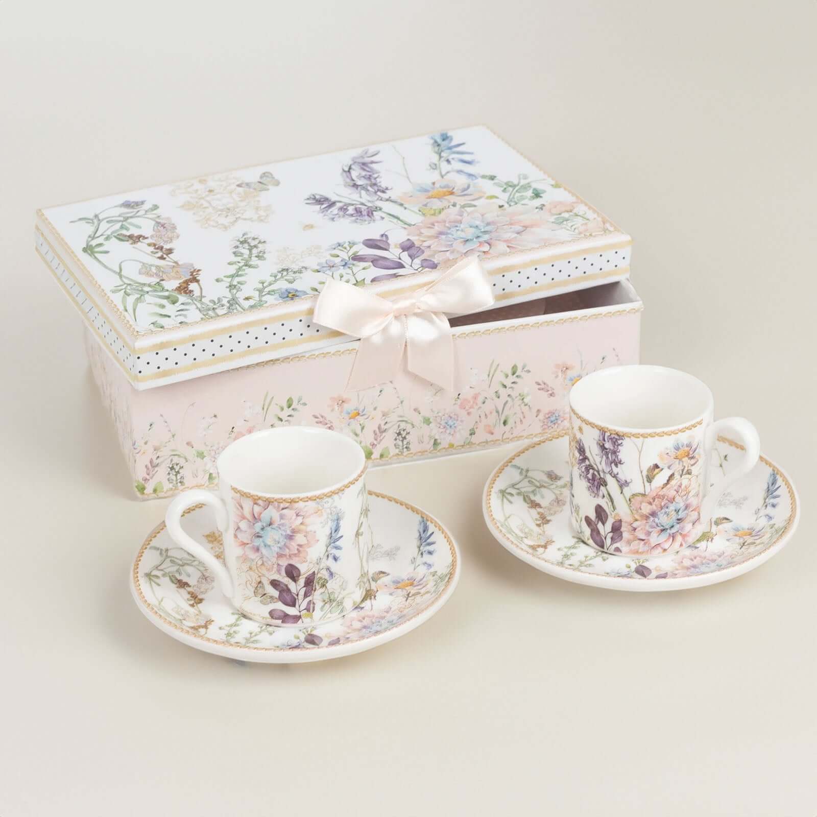 Blush Floral-Printed Porcelain Espresso Cups and Saucers Set of 2 with Gift Box