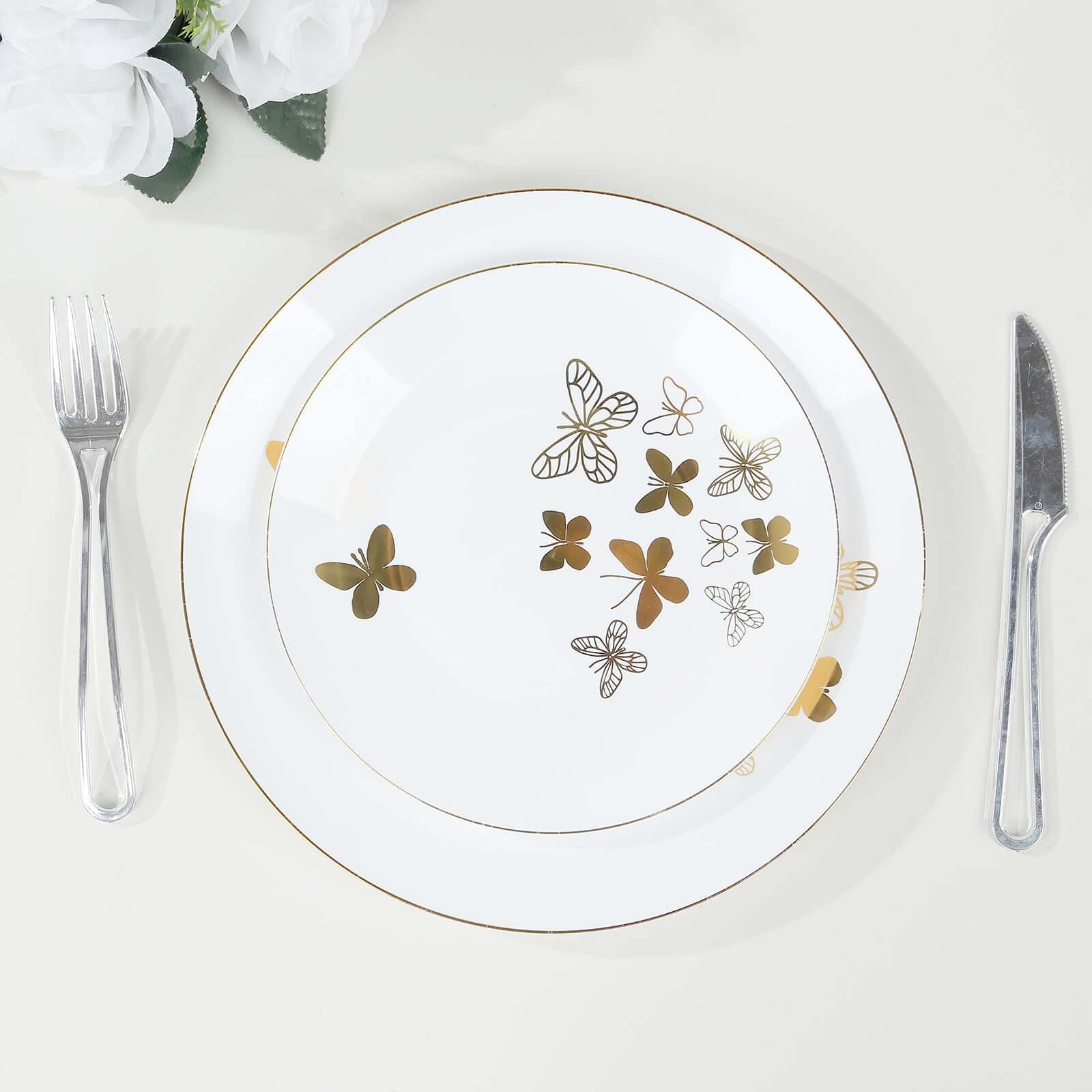 Get 20-Piece White Plastic Dinner & Salad Plates with Gold Butterfly Design & Rim - Ideal for Buffets & Events