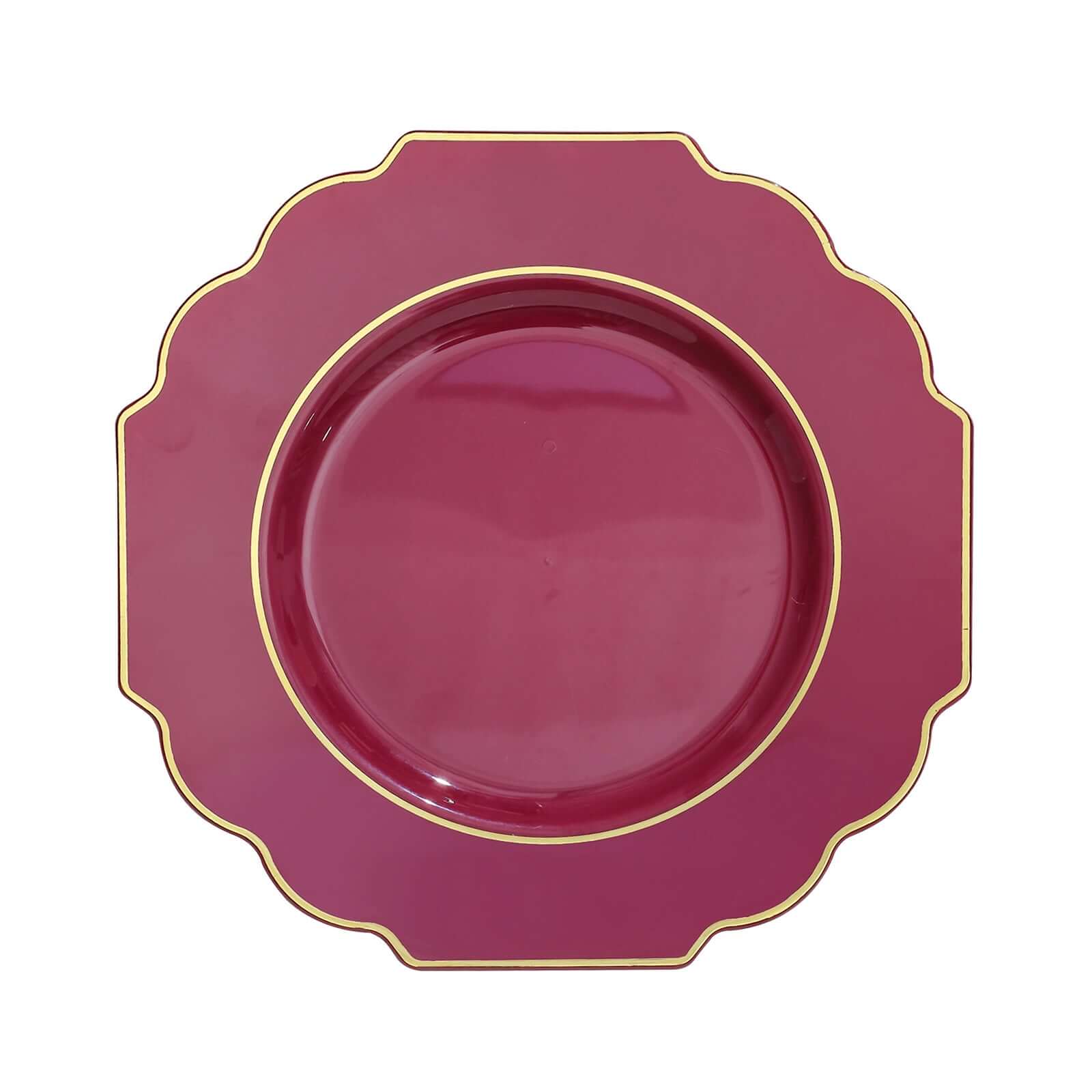 10-Piece Set of Heavy Duty Disposable Burgundy Baroque Dinner Plates with Scalloped Gold Rim