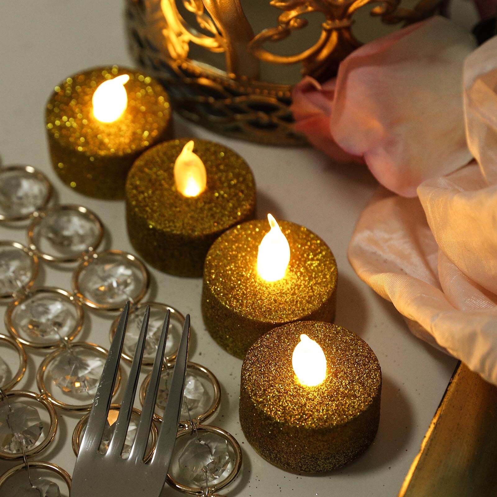 Hot Sale! 12-Pack Flameless LED Tealight Candles with Glittery Gold Design, Battery Operated