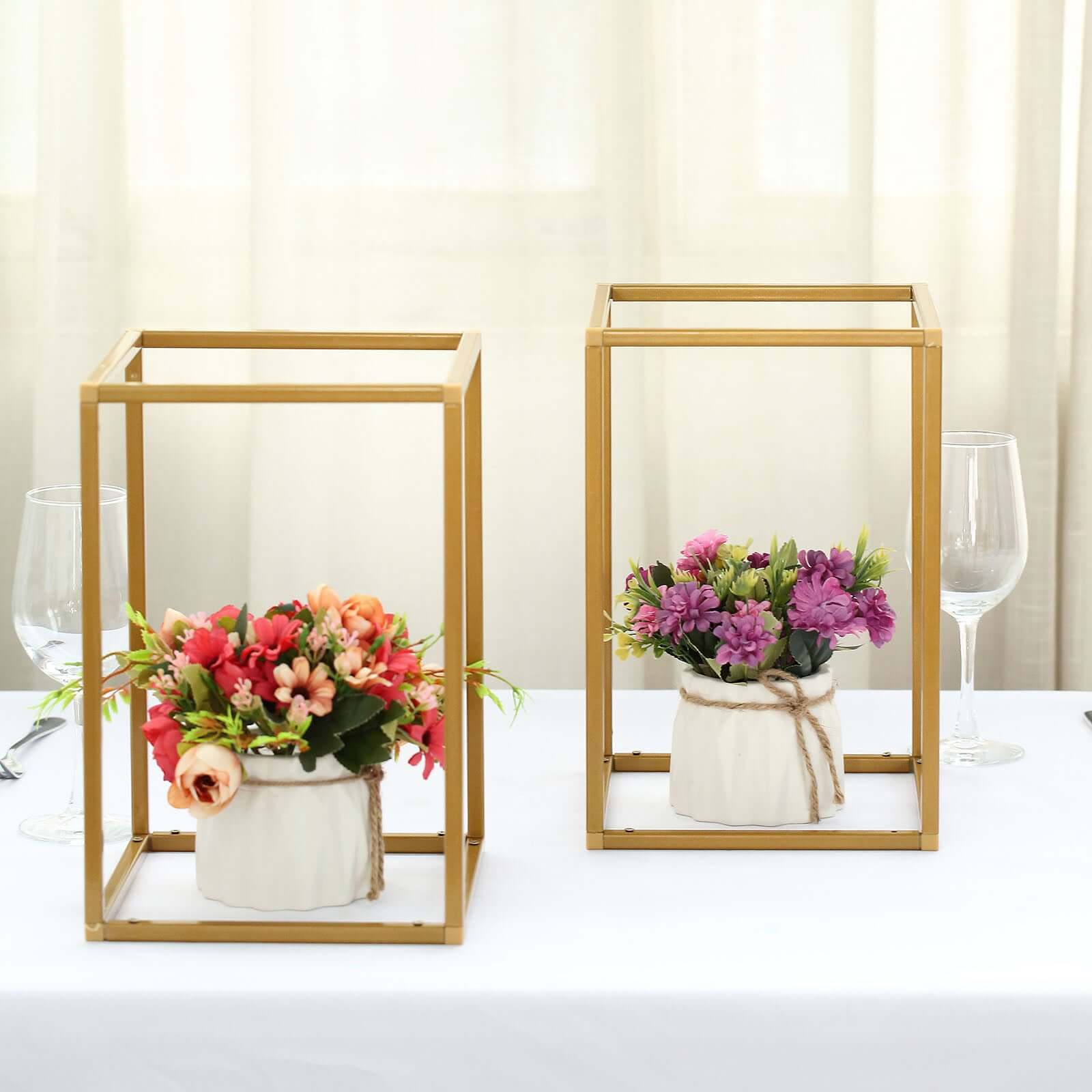 2-Pack Gold Metal Rectangular Geometric Column Frame Wedding Flower Stand - Ideal for Elegant Arrangements
