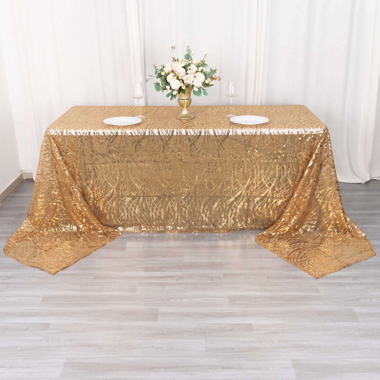 Exclusive Gold Mesh Rectangle Tablecloth with Wave Sequin Embroidered Design for Elegant Occasions