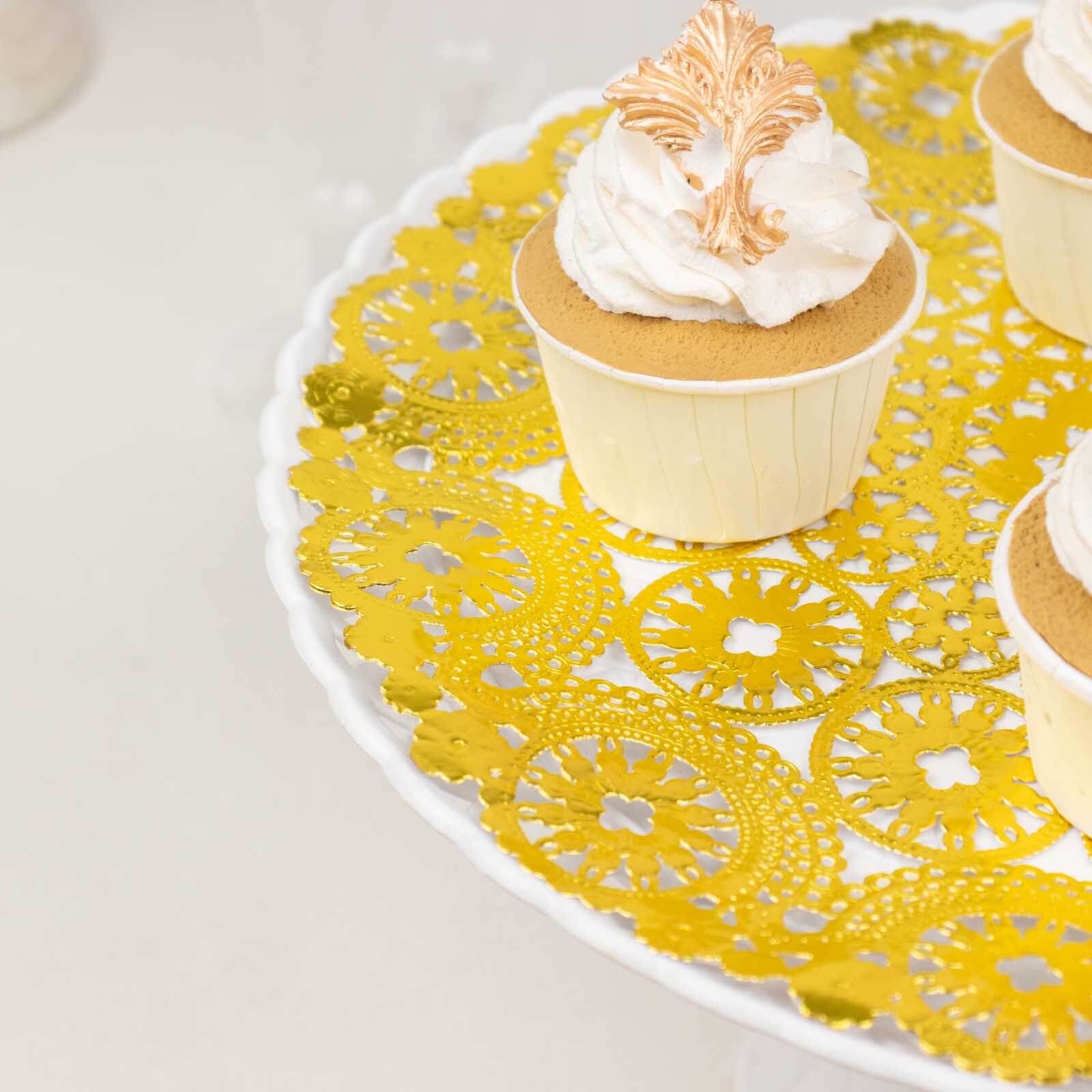 Hot Sale! 50-Pack Disposable 12-Inch Metallic Gold Paper Round Placemats for Dessert Display & Table Decor