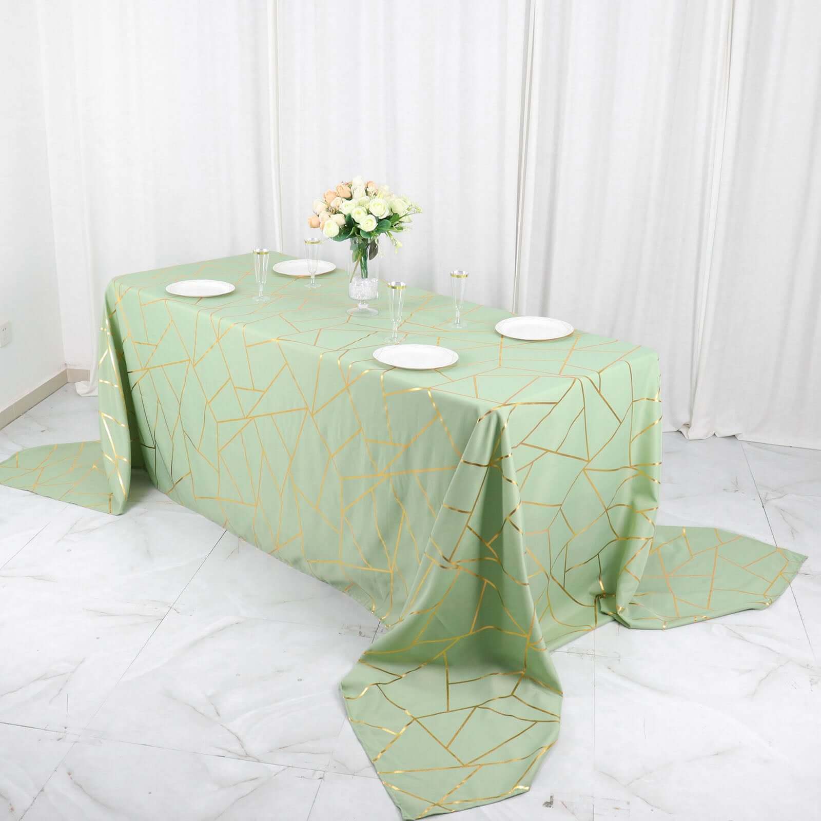 Hot Sale! Wrinkle-Resistant Polyester Rectangle Tablecloth in Sage Green with Gold Foil Geometric Pattern for Elegant Events