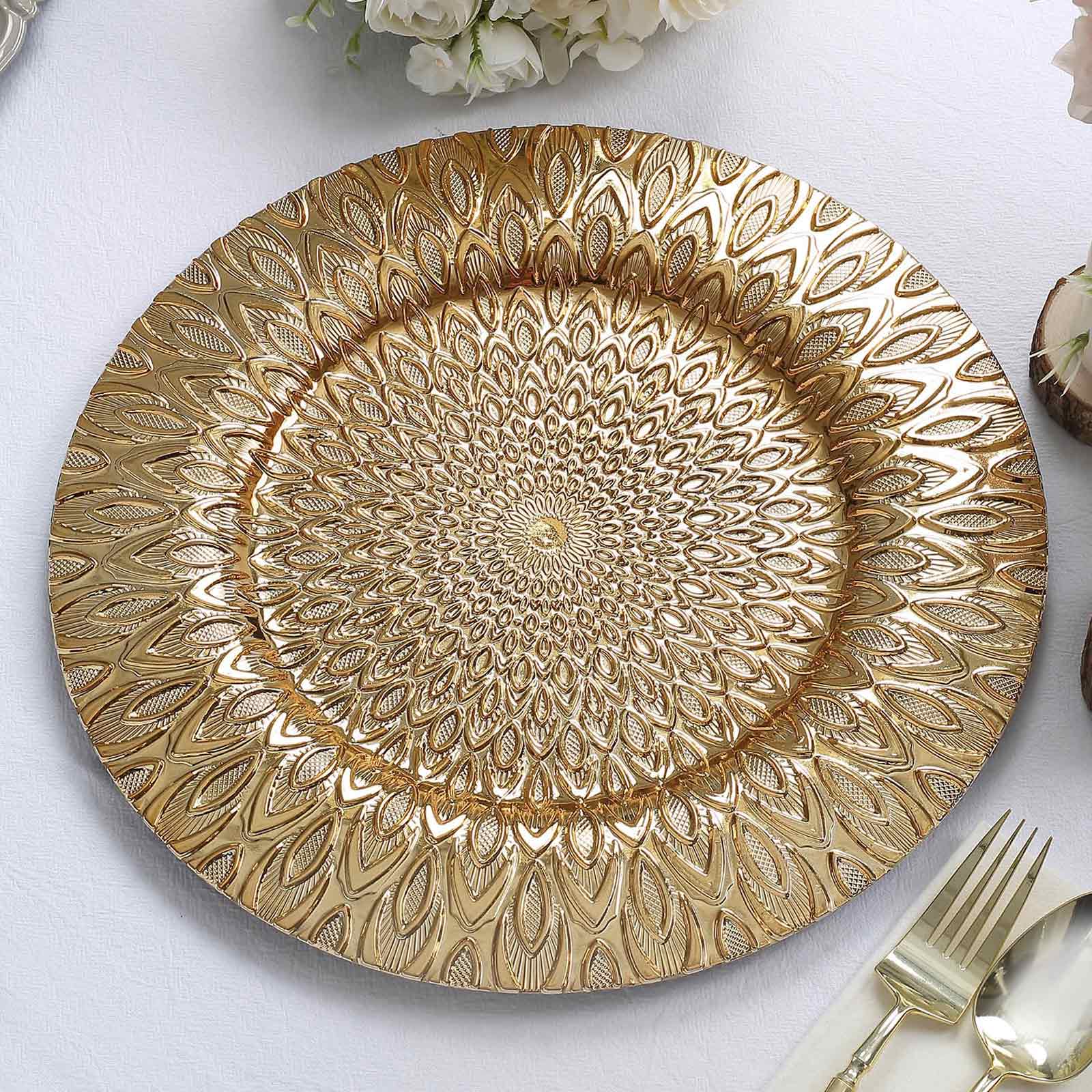 Hot Sale! 6-Piece Set of 13-Inch Gold Plastic Charger Plates with Embossed Peacock Design