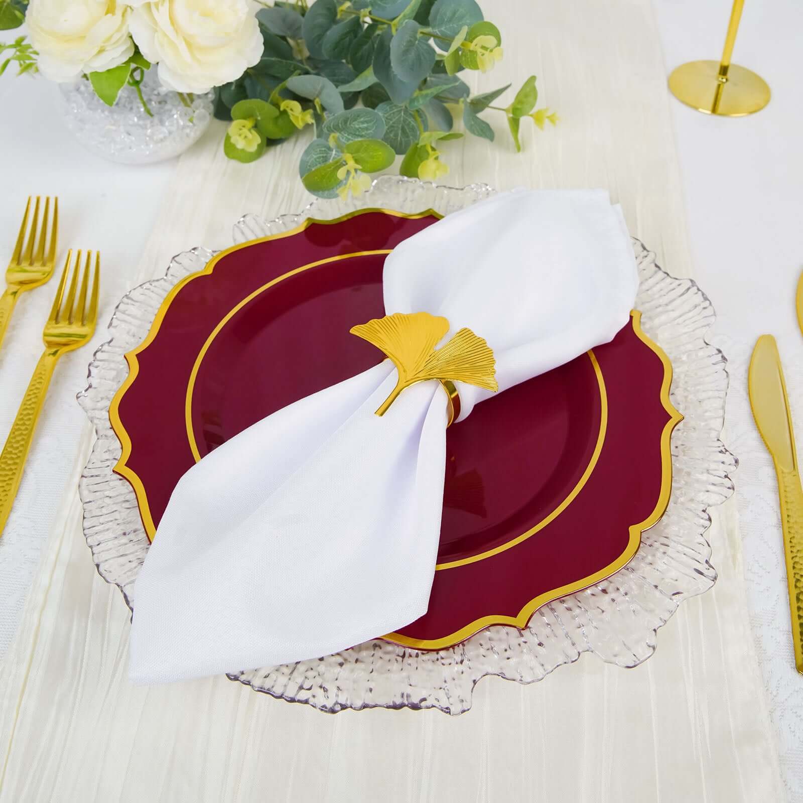 10-Pack Disposable Burgundy Plastic Round Dinner Plates with Gold Scalloped Rim - Ideal for Parties