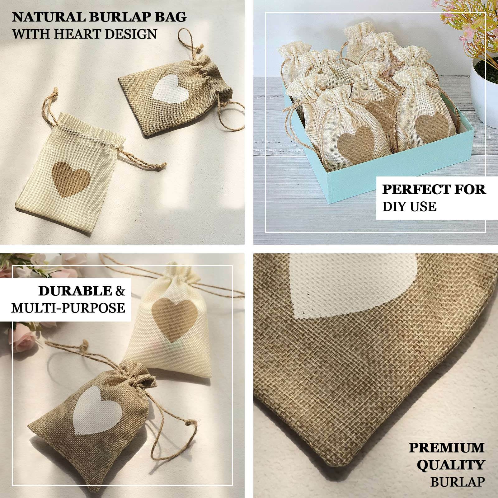 20-Piece Set of 4x5 Natural Ivory Heart-Printed Jute Burlap Drawstring Gift Bags for Rustic Weddings
