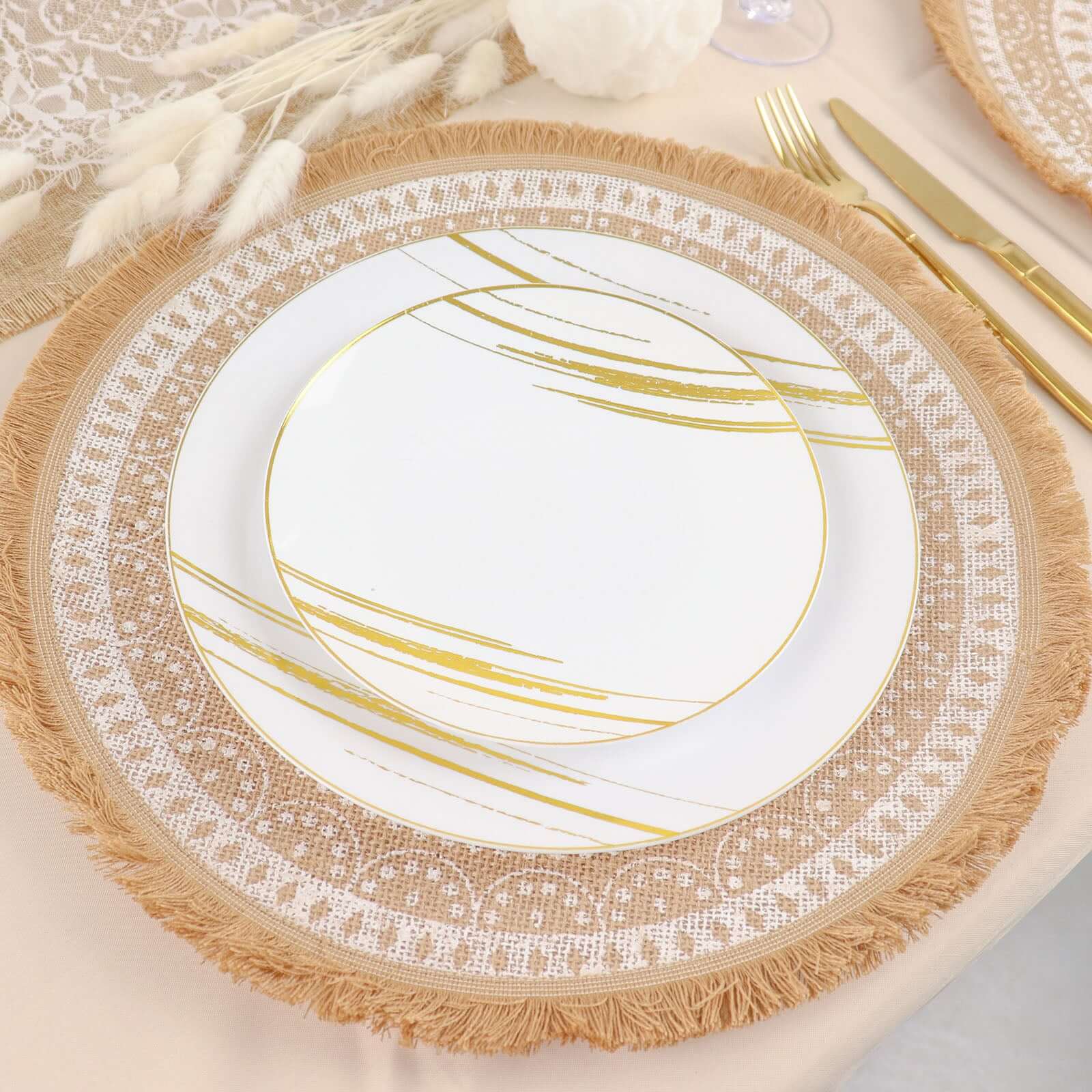 4-Pack Natural Jute and White Round Placemats with Fringe Print - Rustic Style, 15"