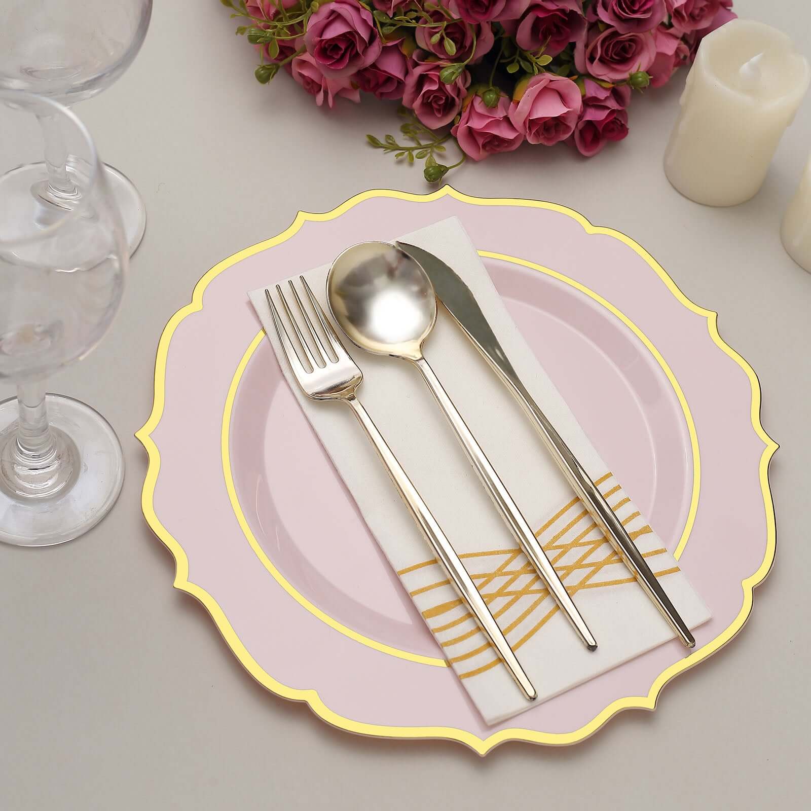 Hot Deal! 10-Pack Disposable Blush Plastic Dinner Plates with Gold Scalloped Rim