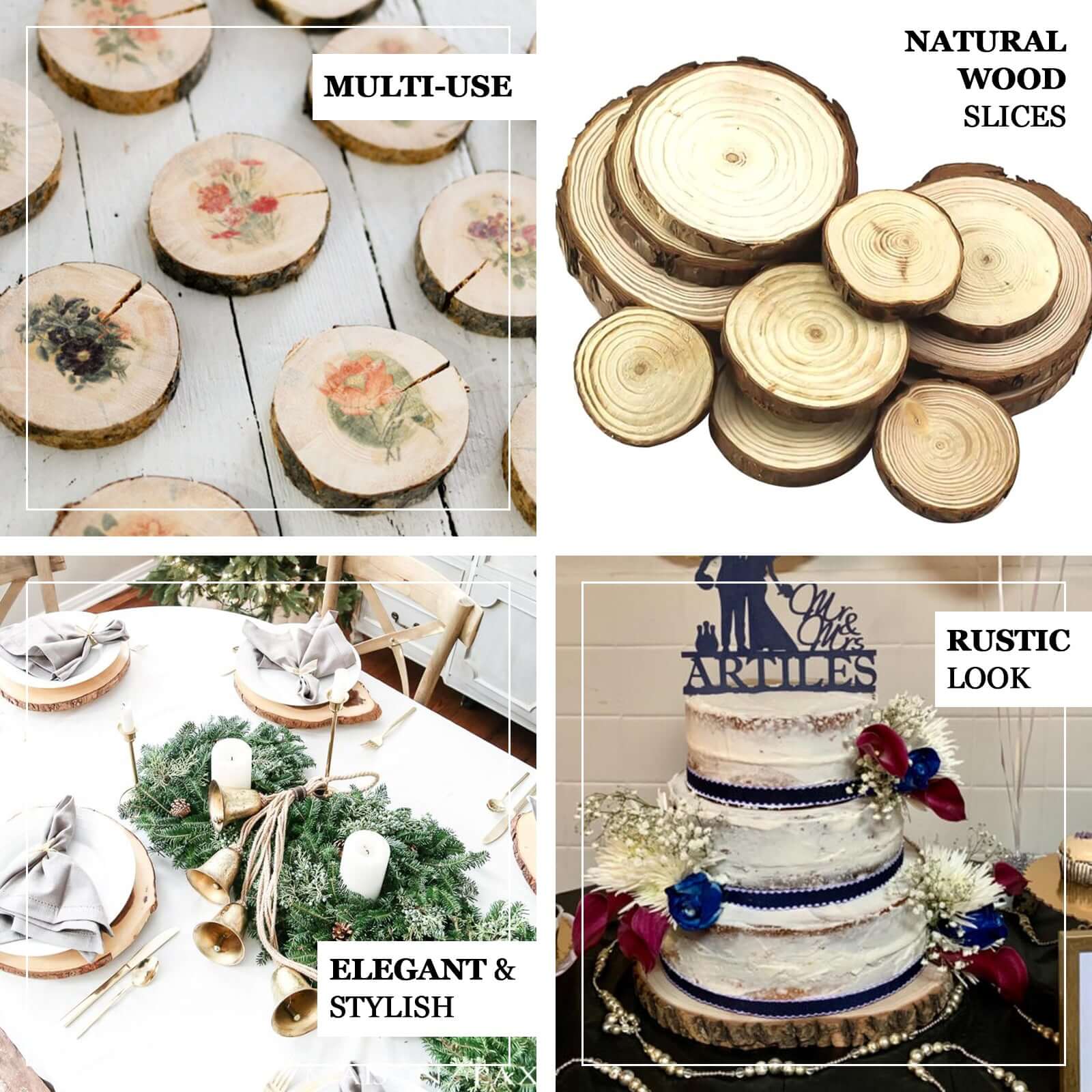 12-Piece Natural Poplar Wood Charger Plates with Bark Edge for Rustic Wedding Tables