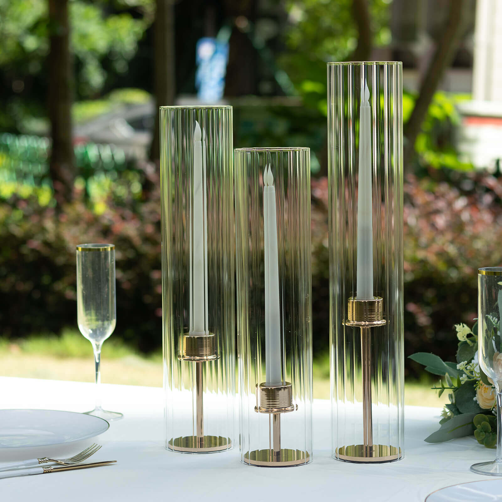 Stylish Set of 3 Clear Ribbed Glass Hurricane Shades for Candles - 15', 17', 19'