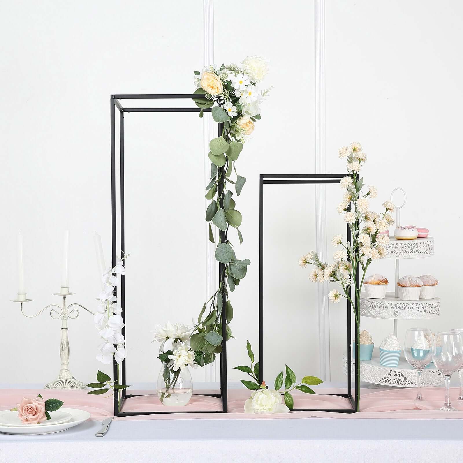 2-Pack Matte Black Iron Wedding Flower Stand, Rectangular Geometric Column Frame, 32
