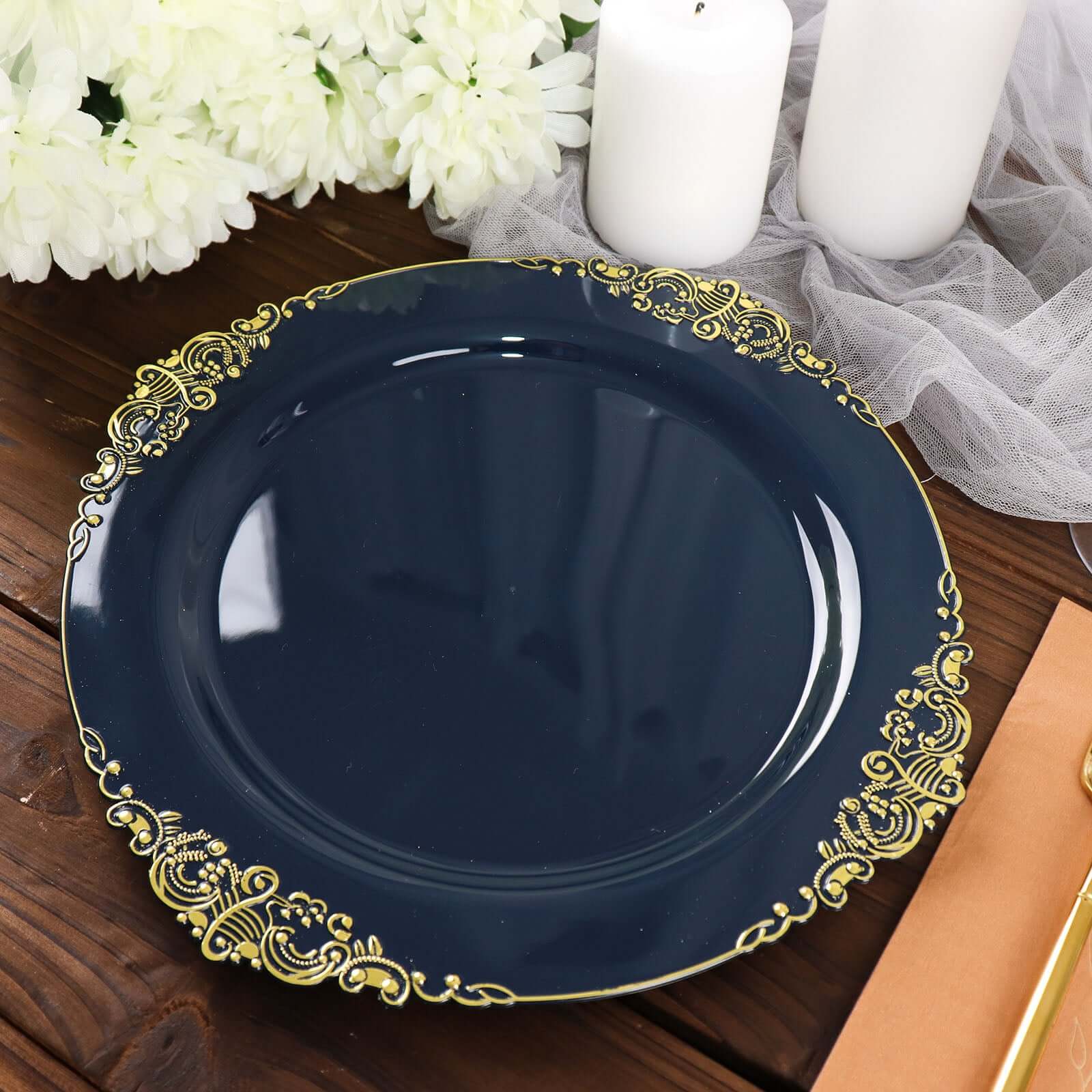 10-Pack Disposable Navy Blue Plastic Dinner Plates with Gold Leaf Embossed Rim - Vintage Baroque Style