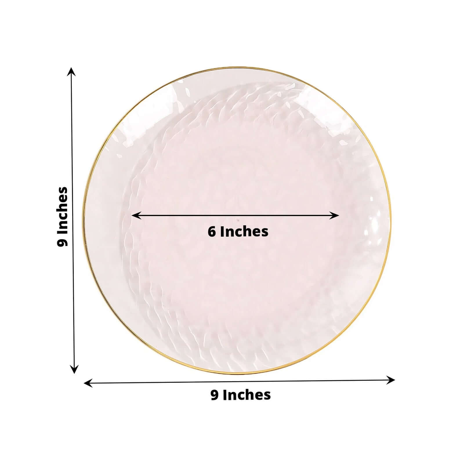 10-Piece Set of 9-Inch Transparent Blush Plastic Dinner Plates with Hammered Gold Rim - Disposable for Parties