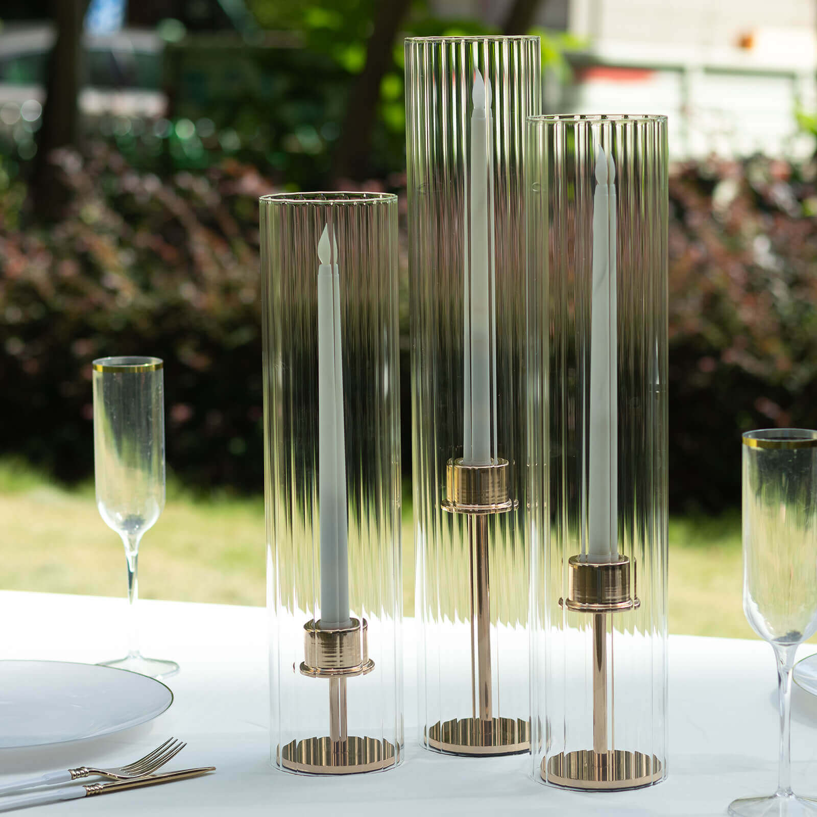 Stylish Set of 3 Clear Ribbed Glass Hurricane Shades for Candles - 15', 17', 19'