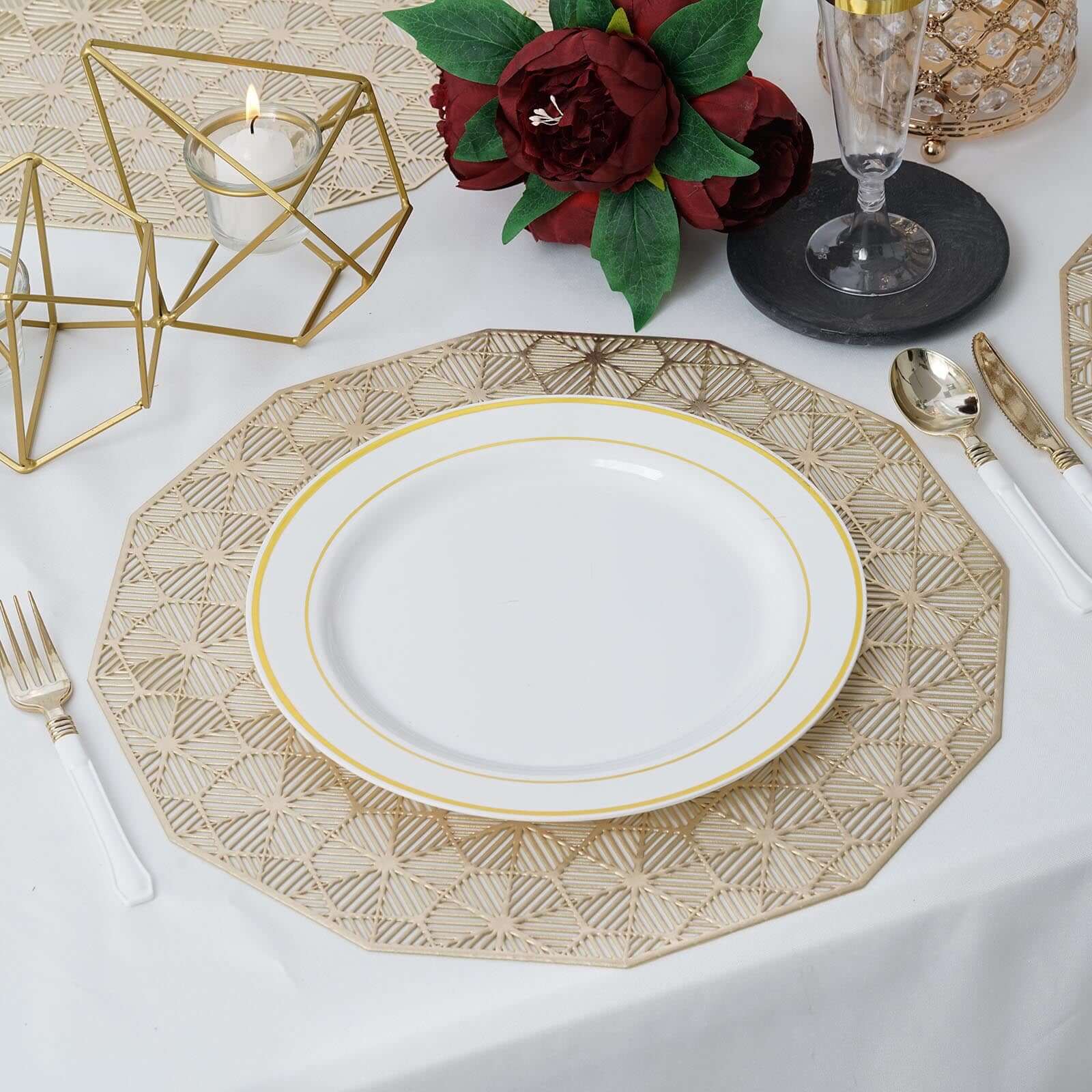 6-Piece Gold Geometric Woven Vinyl Dining Table Mats with Non-Slip Surface, 15 Inches