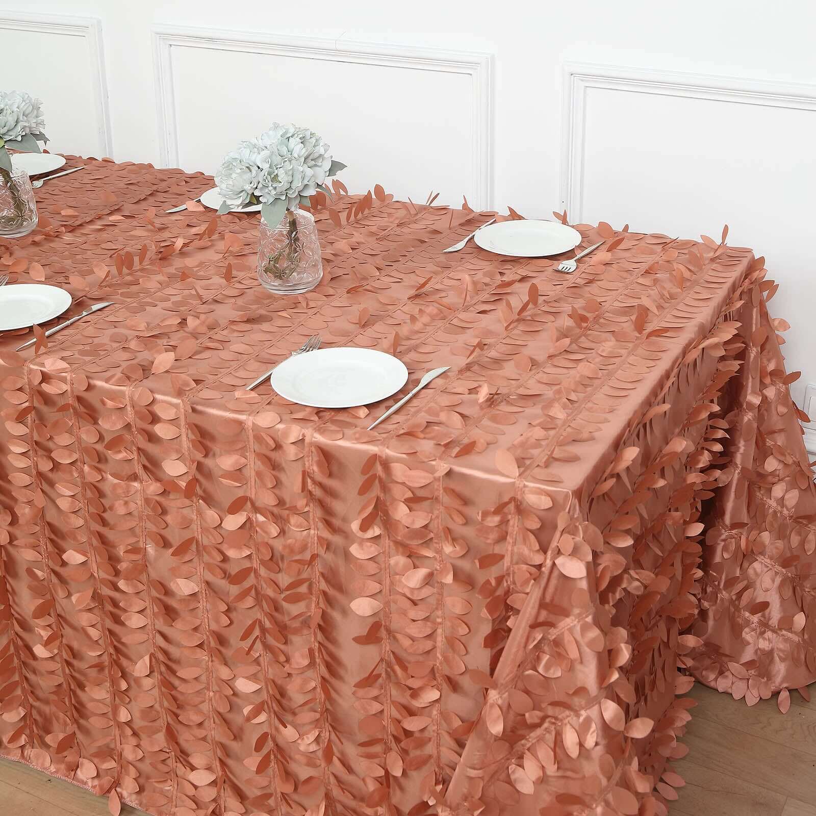 Exclusive Terracotta (Rust) Taffeta Rectangle Tablecloth with 3D Leaf Petal Design