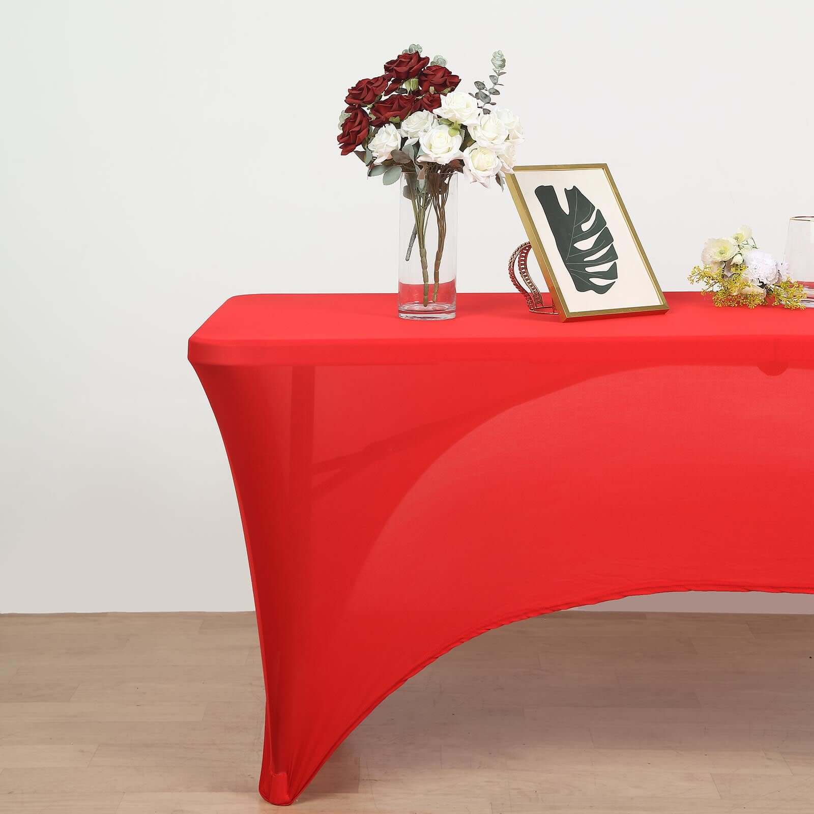 Red Stretch Spandex 96x30 Rectangle Table Cover with Curved Open Back for Professional Look
