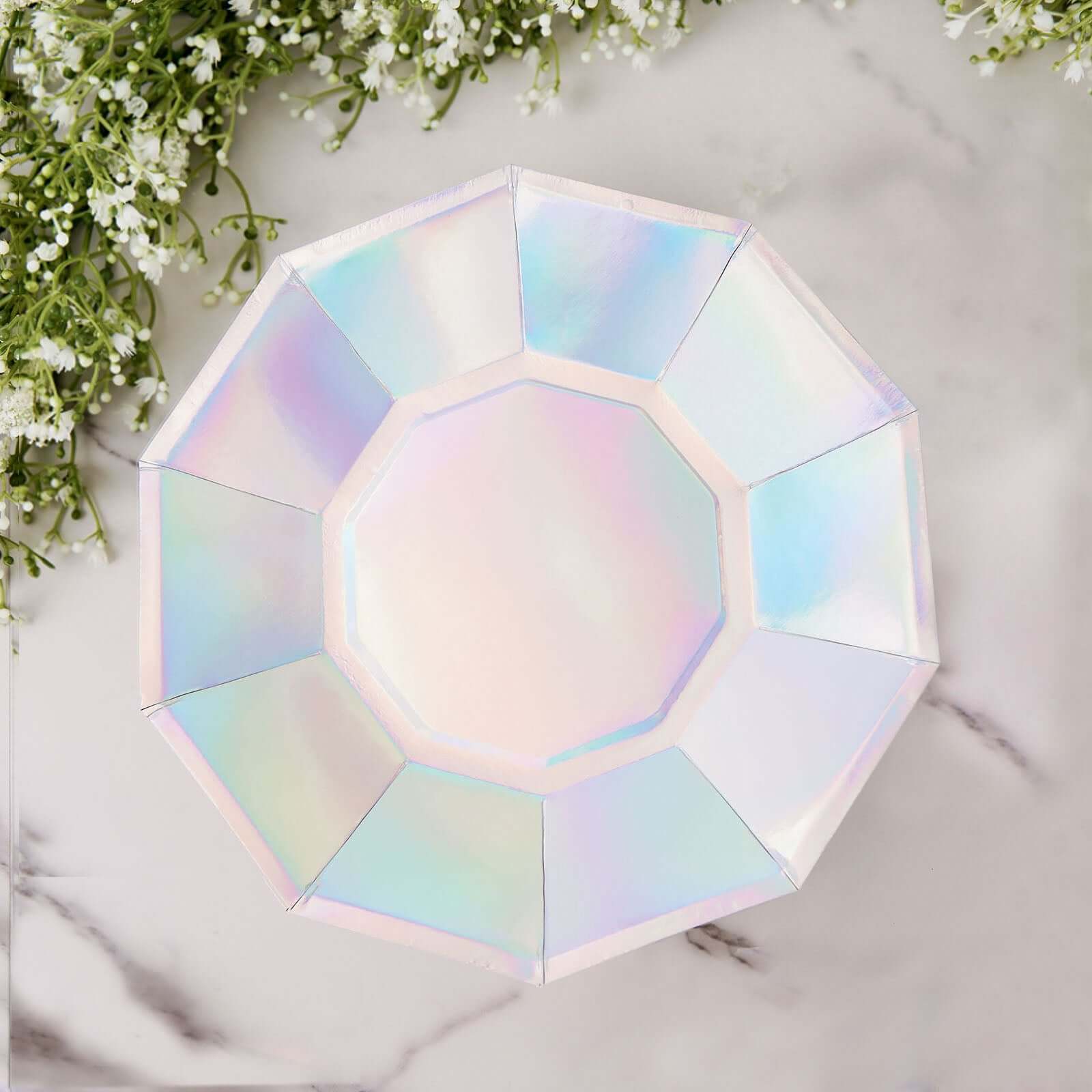 25-Pack 9-Inch Iridescent Decagon Disposable Dinner Plates for Disco & Space Parties