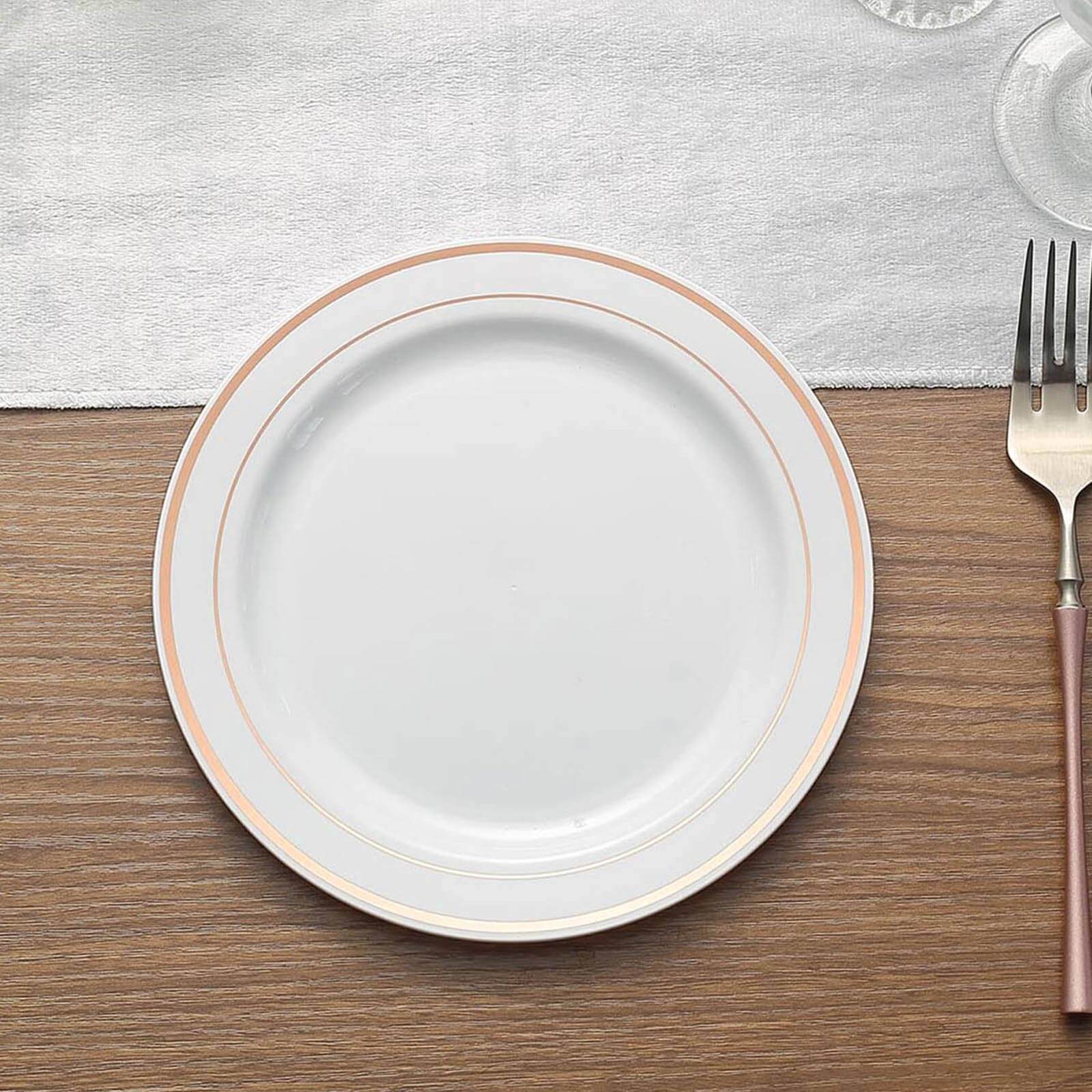 10-Piece Set of White Disposable Plastic Dessert Plates with Stylish Rose Gold Rim, 8 Inches