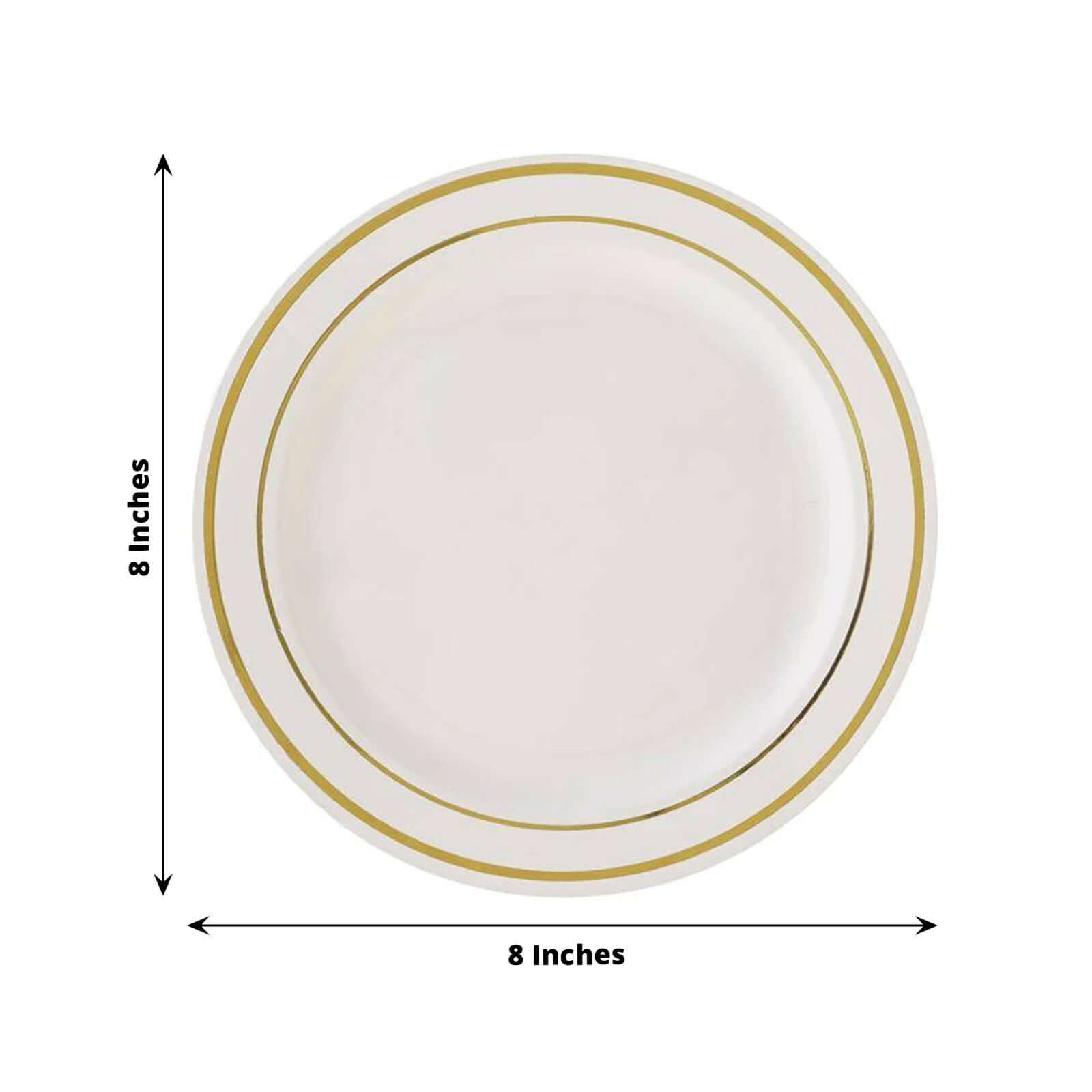 10-Piece Set of Disposable Ivory Plastic Dessert Plates with Stylish Gold Rim, 8 Inches