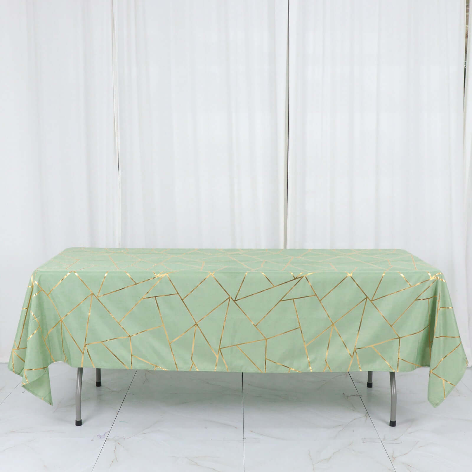 Hot Sale! Wrinkle-Resistant & Durable Polyester Rectangle Tablecloth in Sage Green with Gold Foil Geometric Design (60x102)