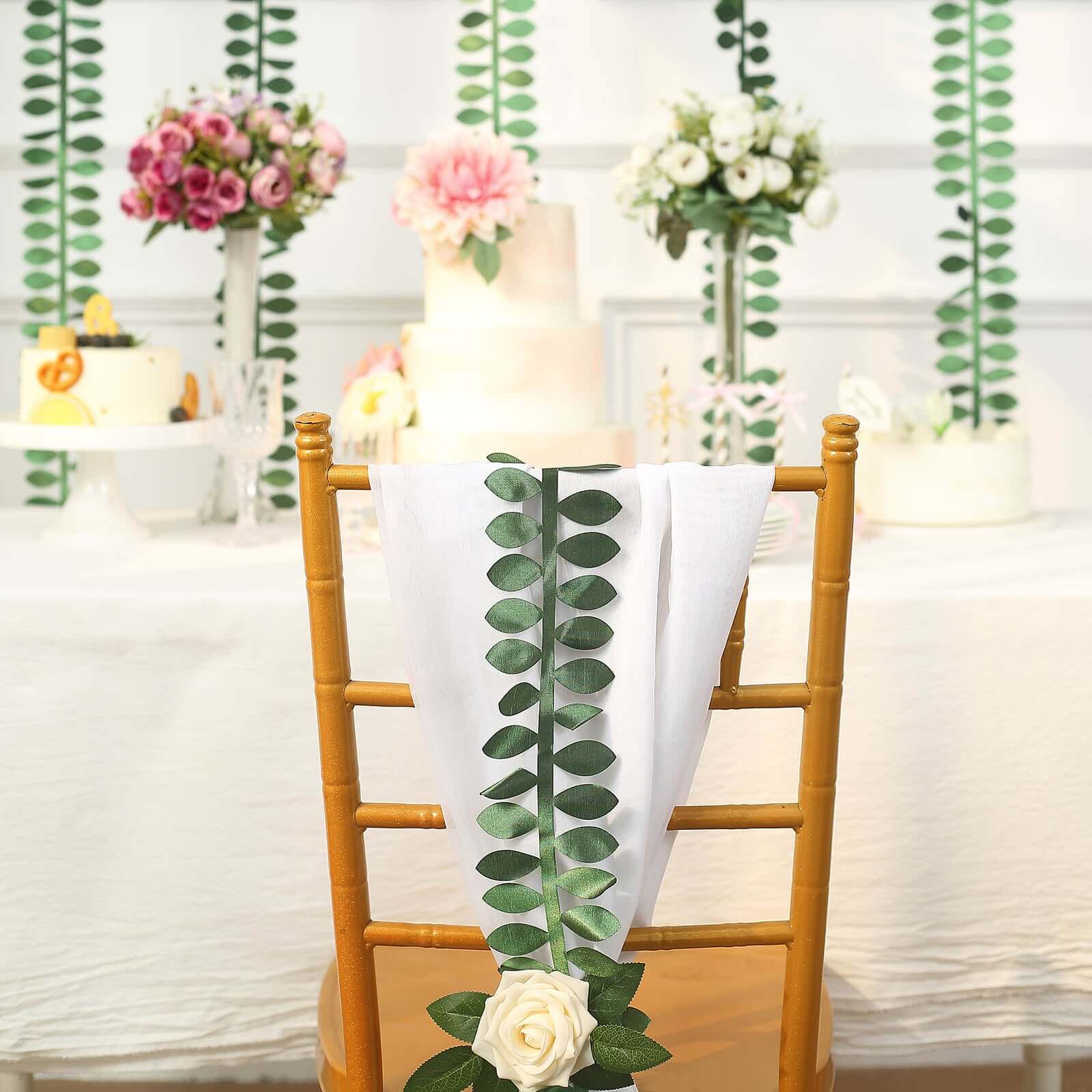 Premium Taffeta Ribbon Sash with 4 - Leaf Petal Design in Green, 50ft - Ideal for Decor