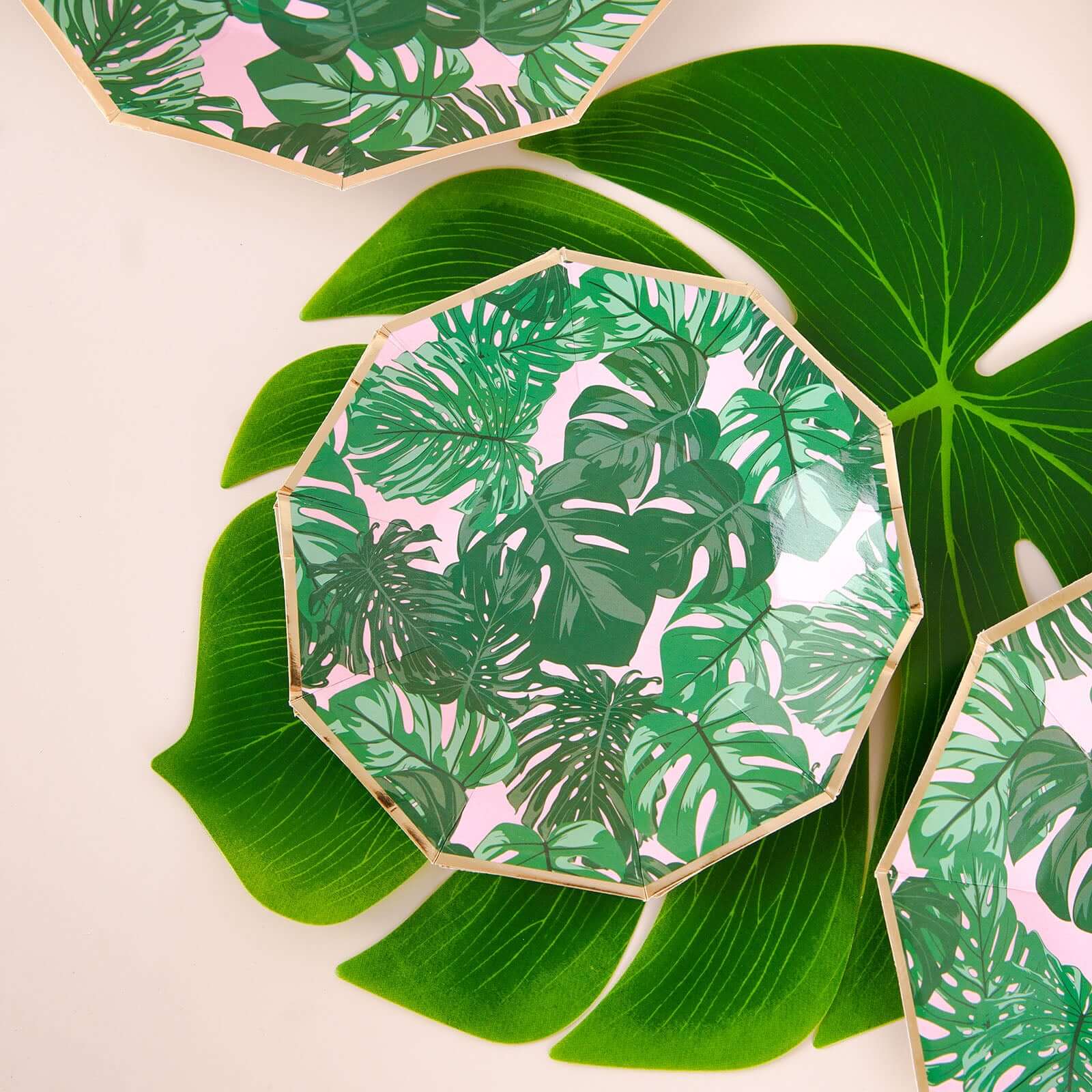 Hot Deal! 25-Pack Disposable 7-Inch Pink Paper Decagon Dessert Plates with Green Tropical Palm Leaves & Gold Rim for Boho & Jungle Events