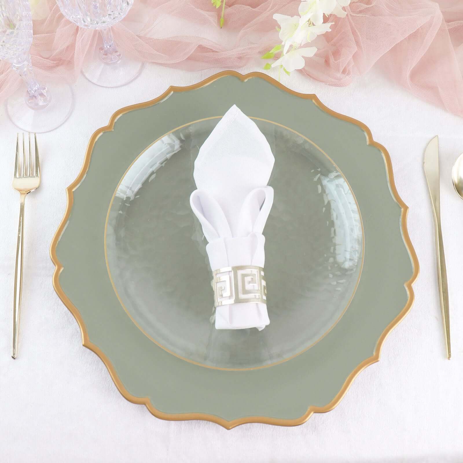 6-Piece Set of 13-Inch Dusty Sage Green Acrylic Charger Plates with Gold Scalloped Edges