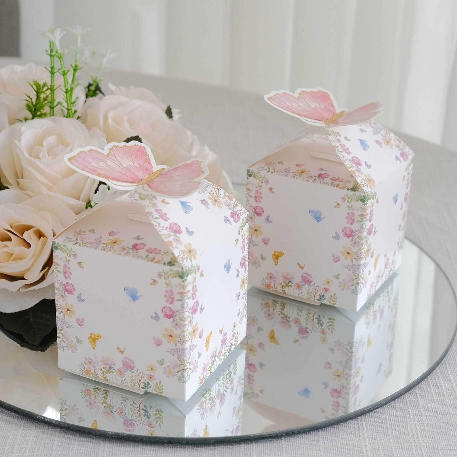 Hot Deal! 25-Pack White and Pink Glitter Butterfly Top Floral Party Favor Candy Gift Boxes