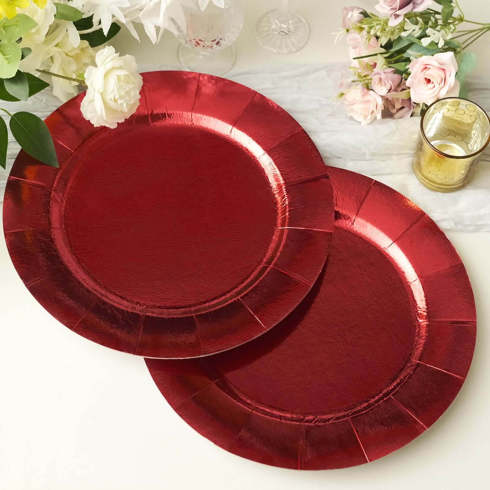 10-Pack Disposable Red Round Charger Plates with Leathery Look - 1100GSM Durable Cardboard Placemats (13" Outer)