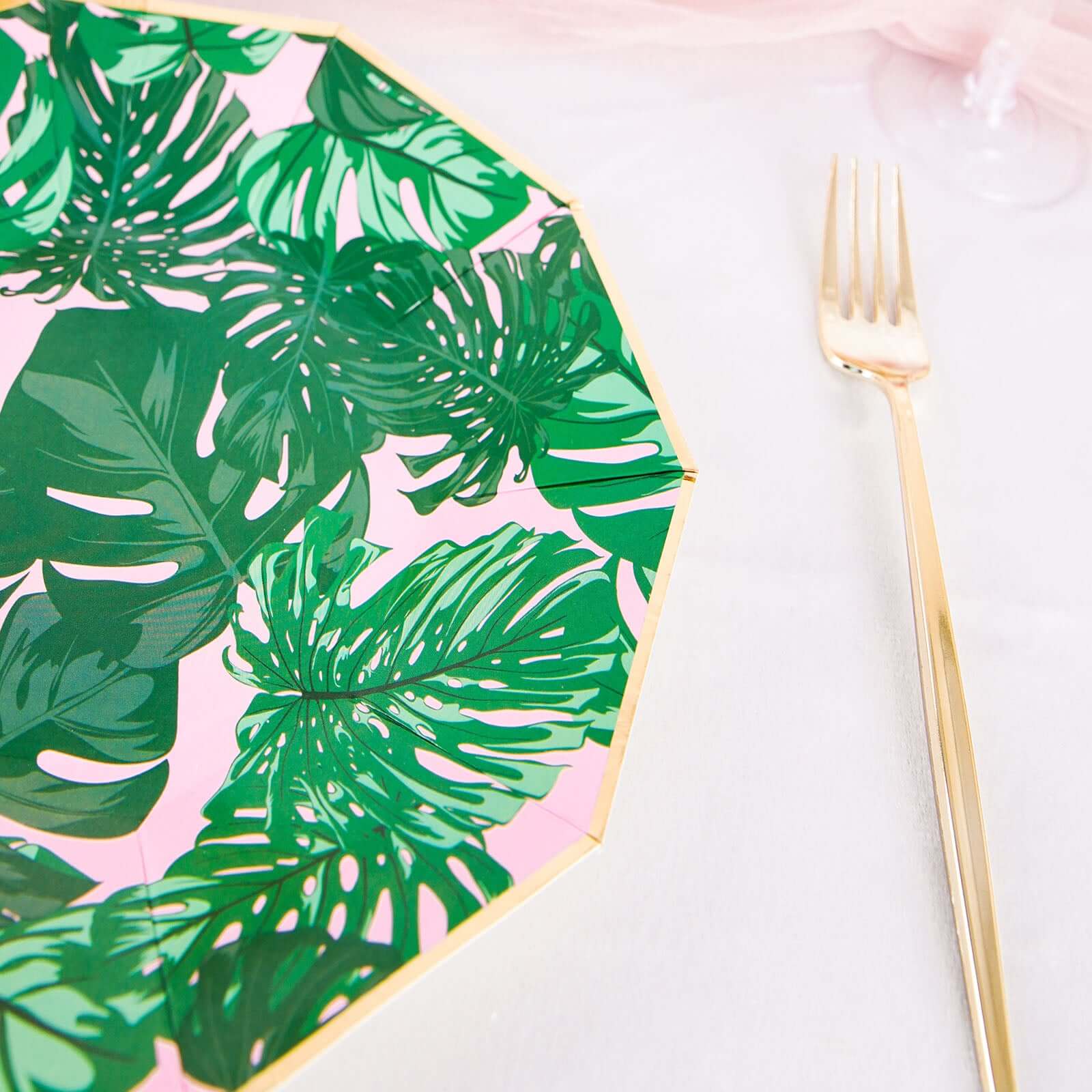 25-Pack 9" Pink Paper Decagon Dinner Plates with Green Palm Leaves & Gold Rim - Ideal for Luau & Summer Parties