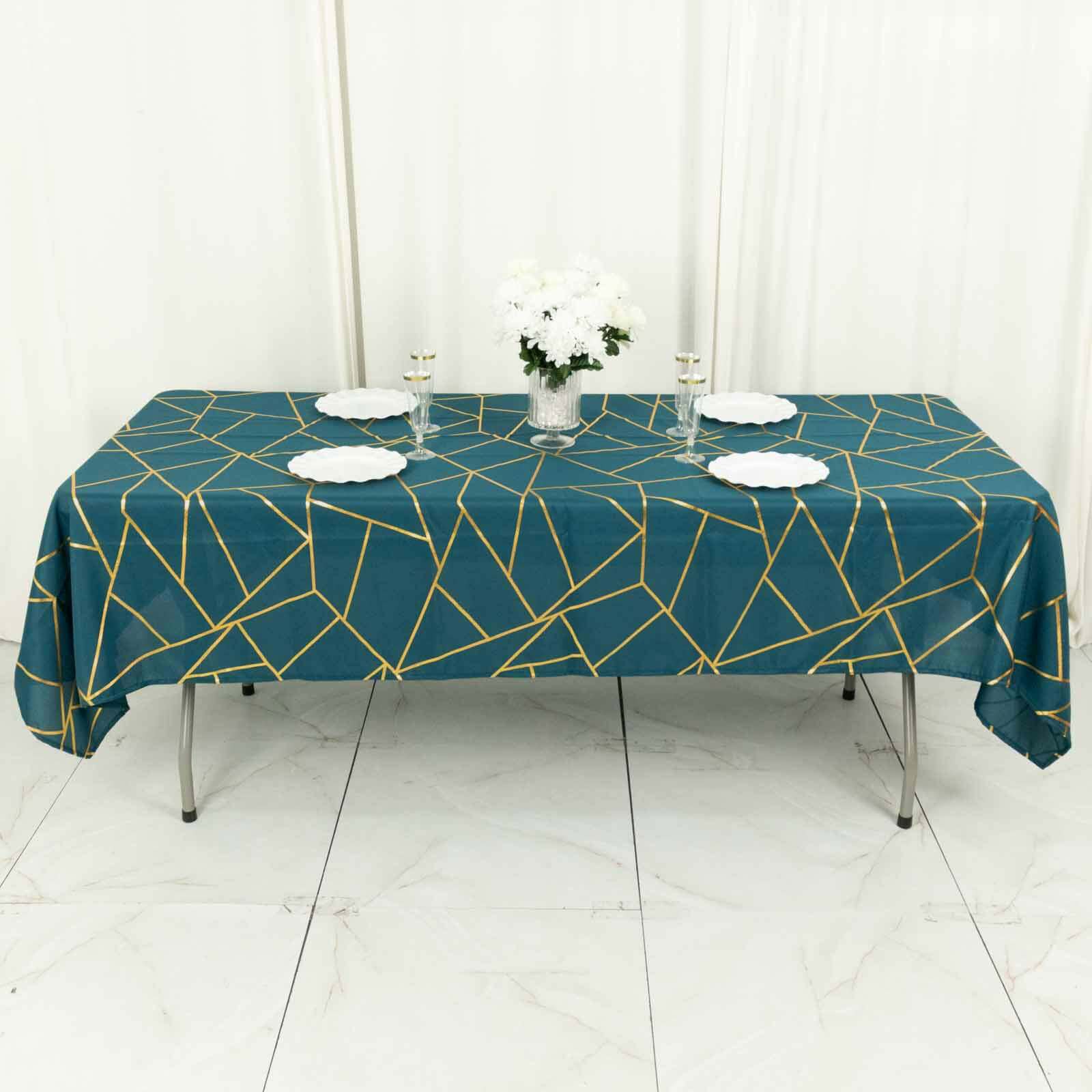 Wrinkle-Resistant & Durable Polyester Tablecloth: 60x102 Rectangle in Peacock Teal with Gold Foil Geometric Pattern