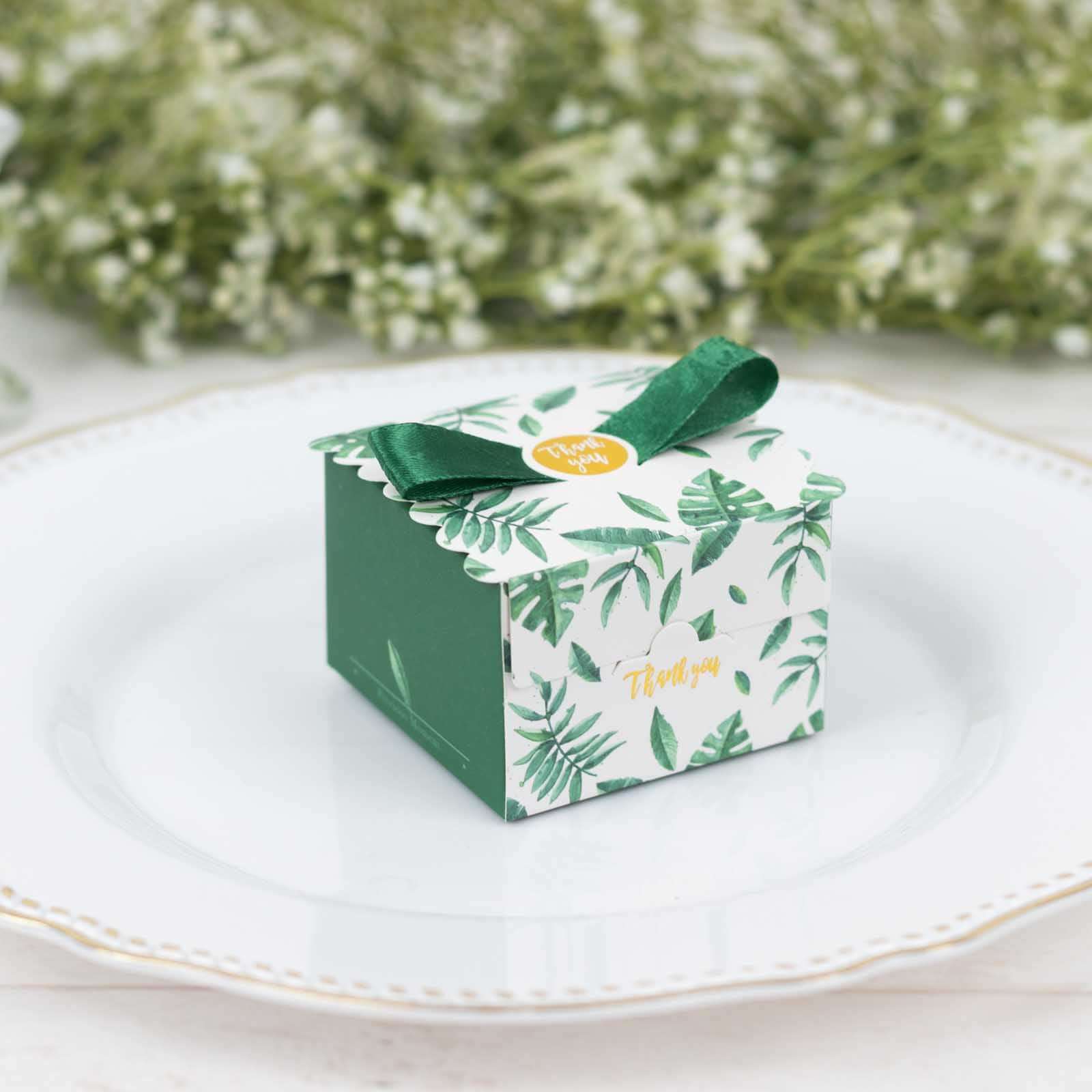 25-Piece Set of Green Monstera Leaf Printed Candy Gift Boxes with Satin Ribbon Bows